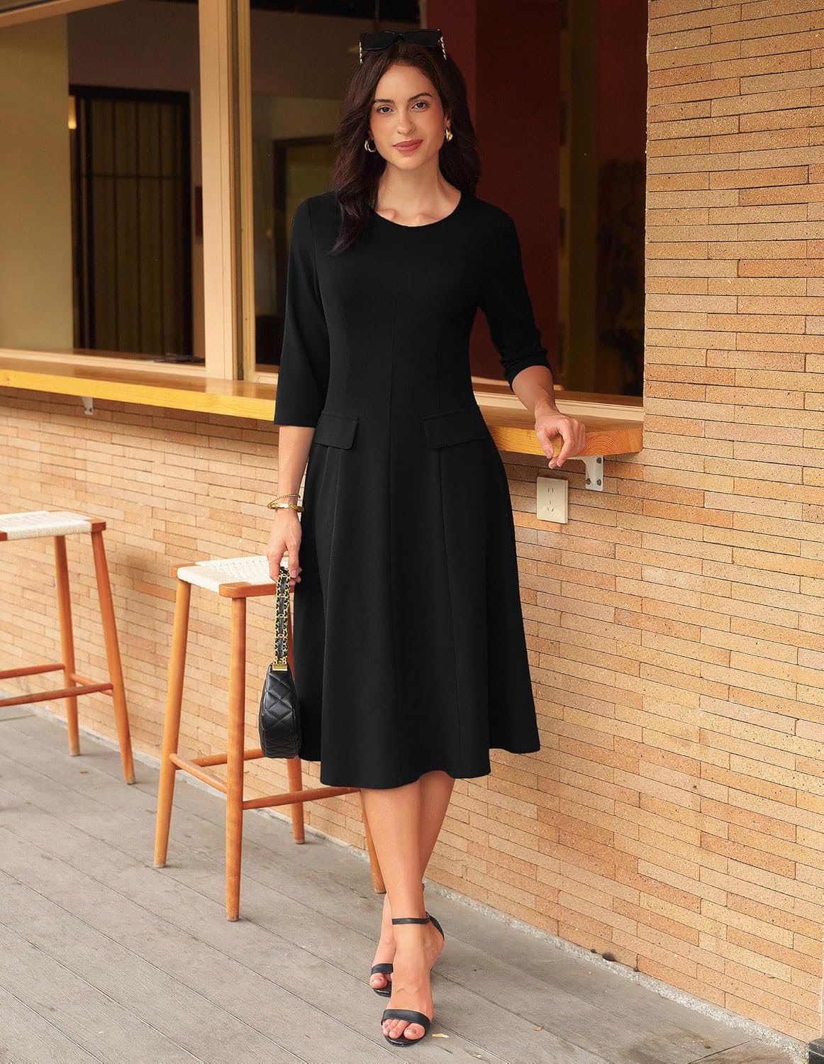 GRACE KARIN 2025 Wear to Work Dress for Women A Line Midi Fit 3/4 Sleeve Church Round Neck Business Dresses