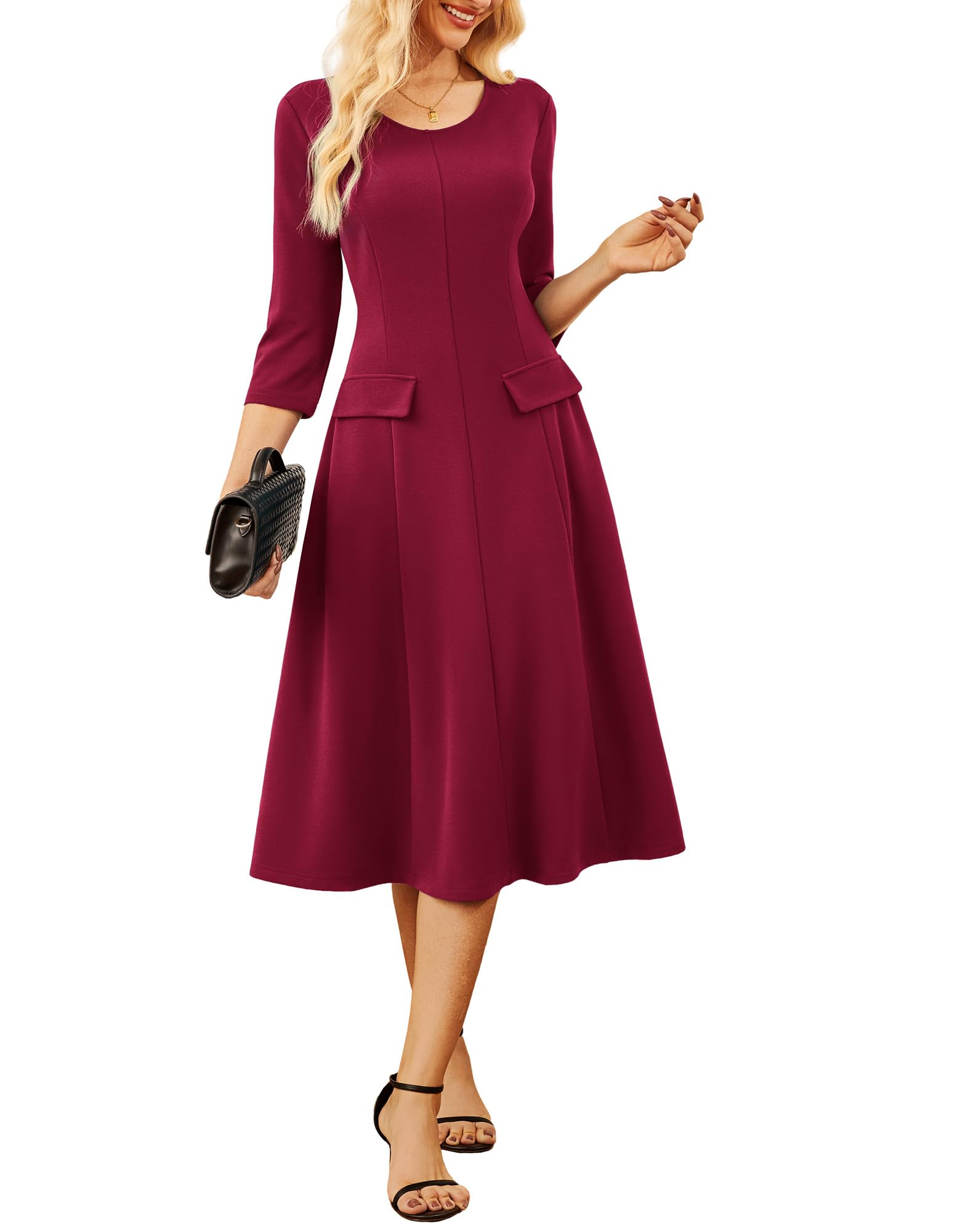 GRACE KARIN 2025 Wear to Work Dress for Women A Line Midi Fit 3/4 Sleeve Church Round Neck Business Dresses