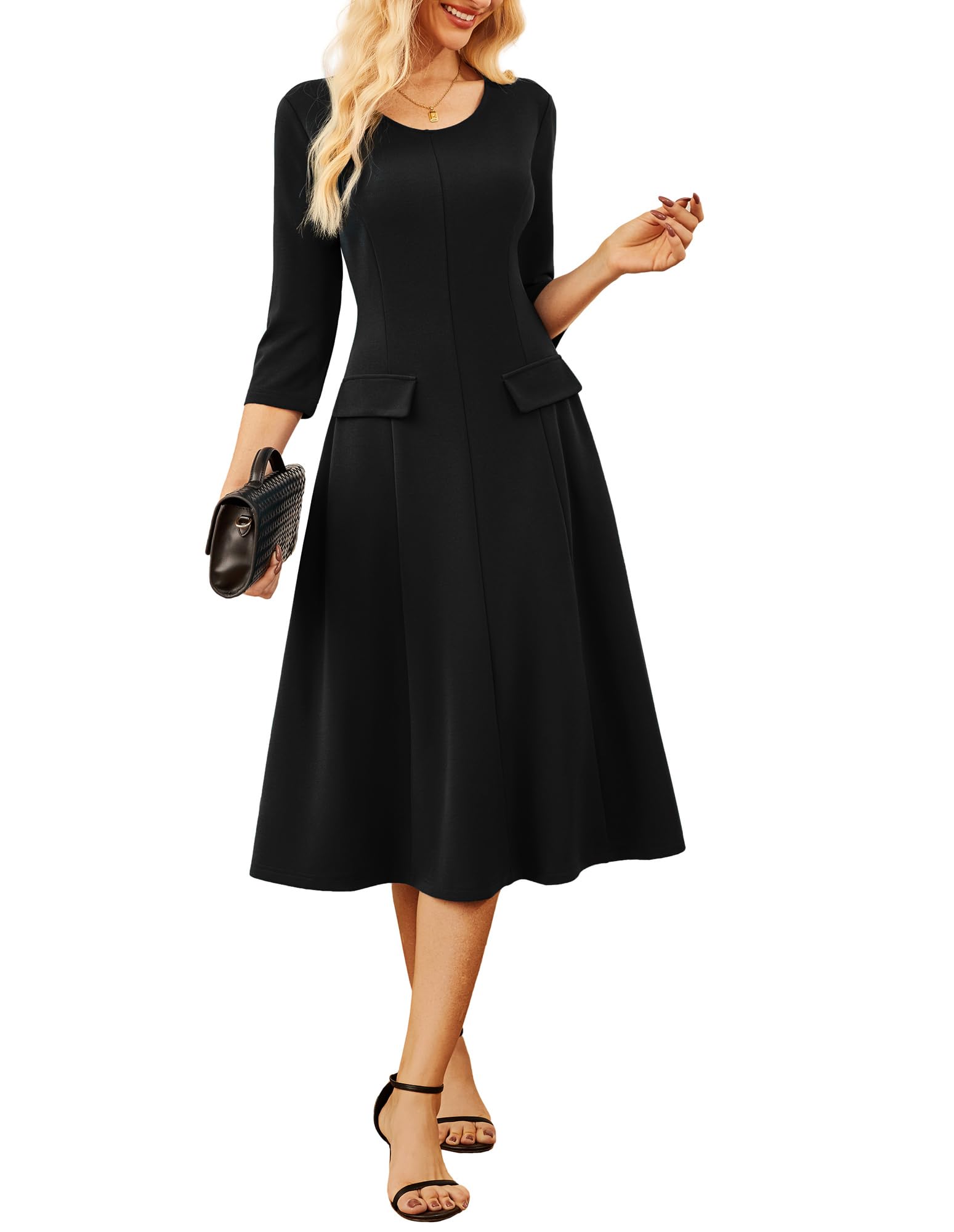 GRACE KARIN 2025 Wear to Work Dress for Women A Line Midi Fit 3/4 Sleeve Church Round Neck Business Dresses