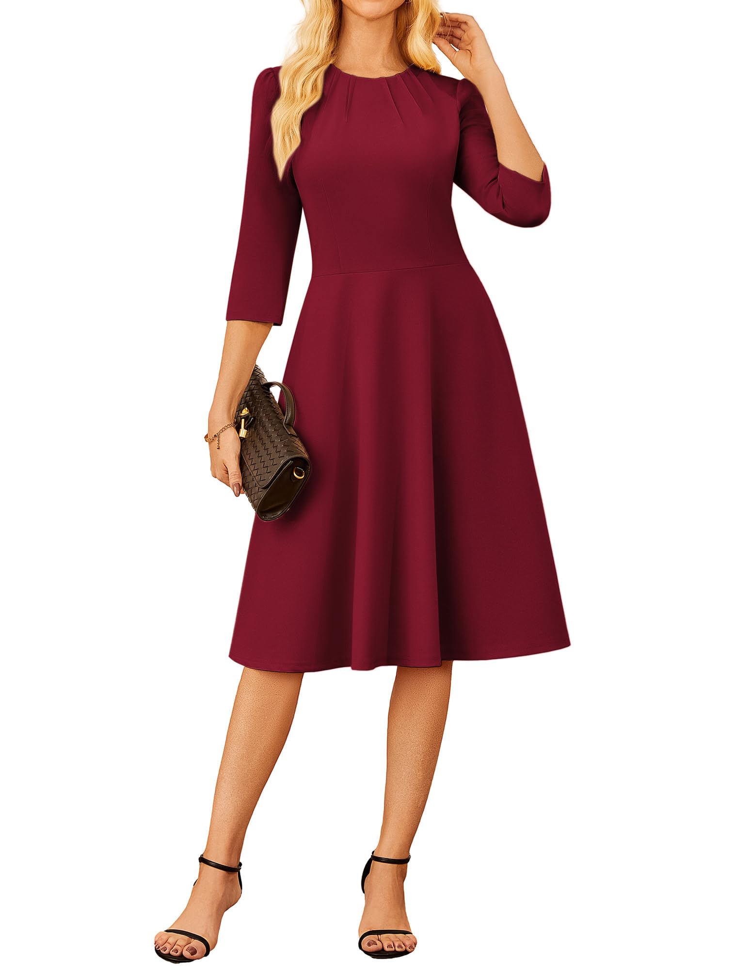 GRACE KARIN 2025 Women Fall Work Dresses,3/4 Sleeve Church Dresses,Fit and Flare Wedding Guest Dress with Pockets