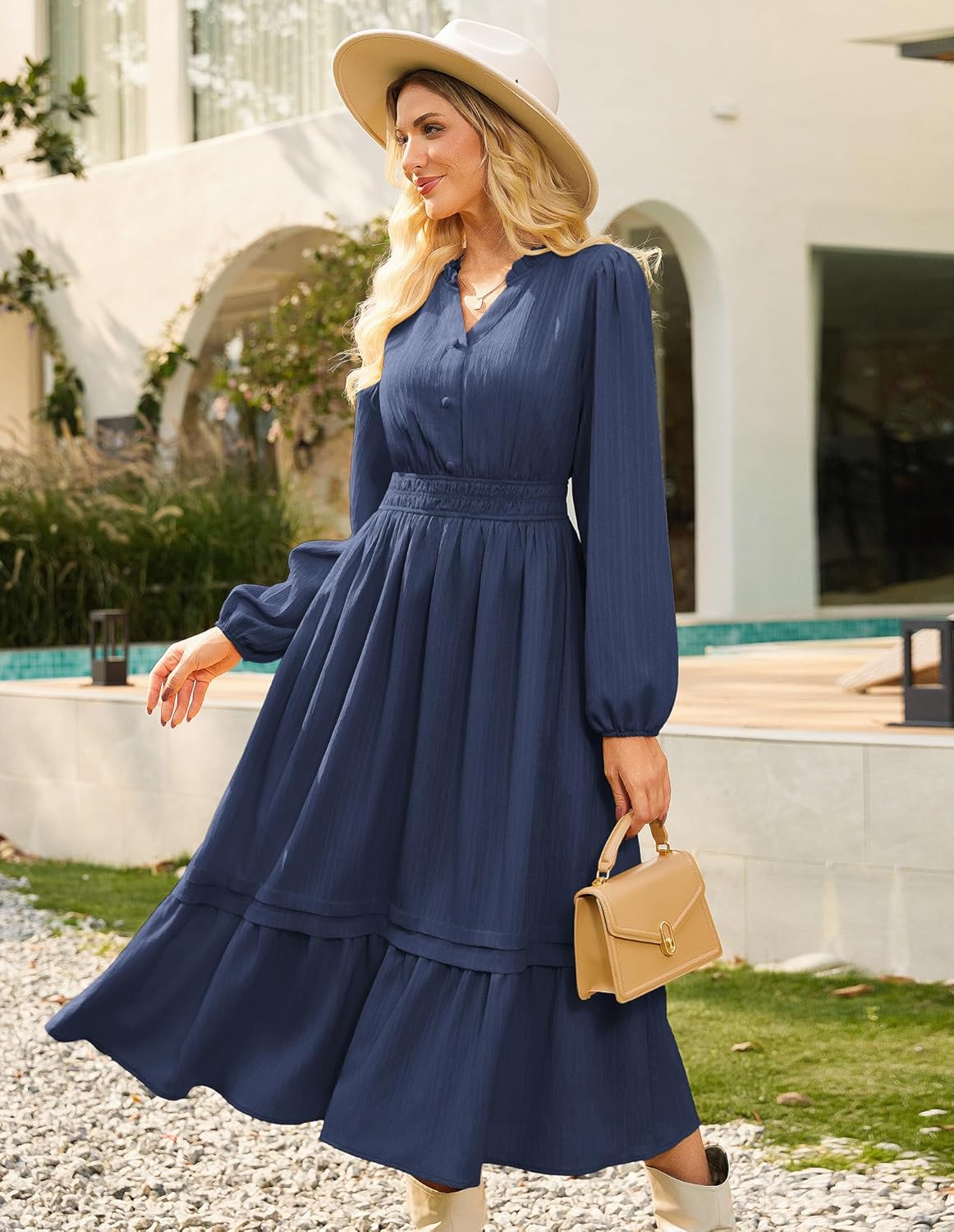 GRACE KARIN 2025 Women's Casual Fall Long Sleeve Midi Dresses, V-Neck Smocked Tiered Dress,Wedding Guest Dress