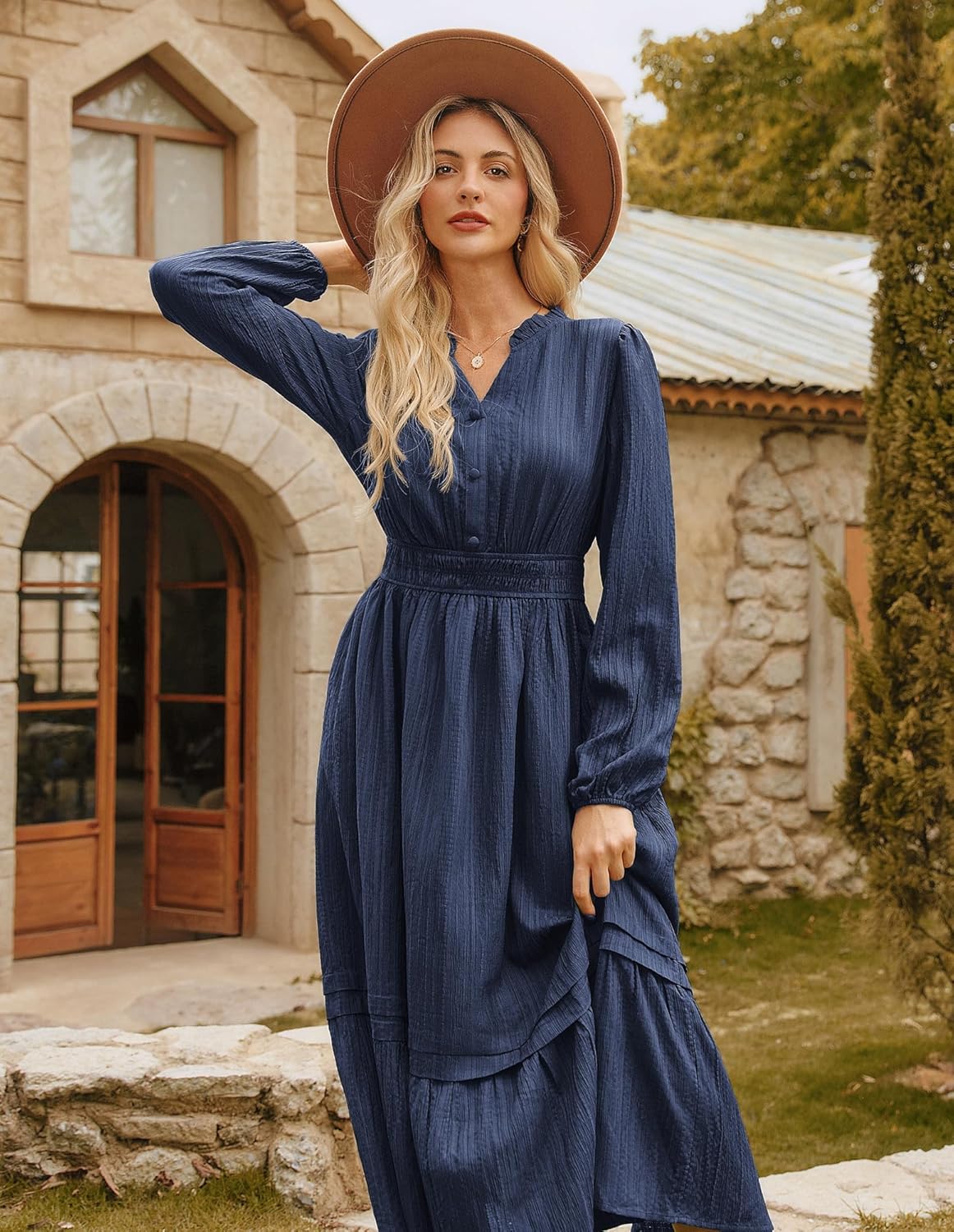 GRACE KARIN 2025 Women's Casual Fall Long Sleeve Midi Dresses, V-Neck Smocked Tiered Dress,Wedding Guest Dress