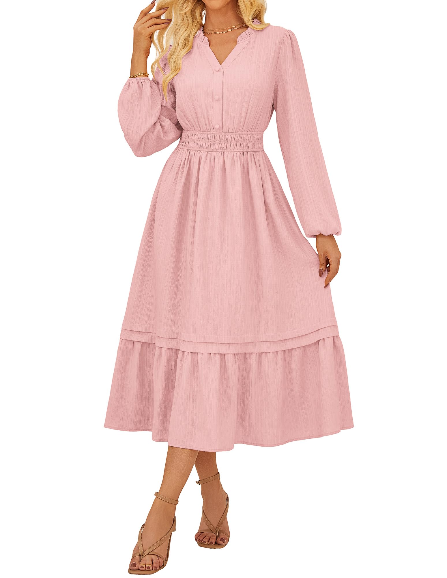 GRACE KARIN 2025 Women's Casual Fall Long Sleeve Midi Dresses, V-Neck Smocked Tiered Dress,Wedding Guest Dress