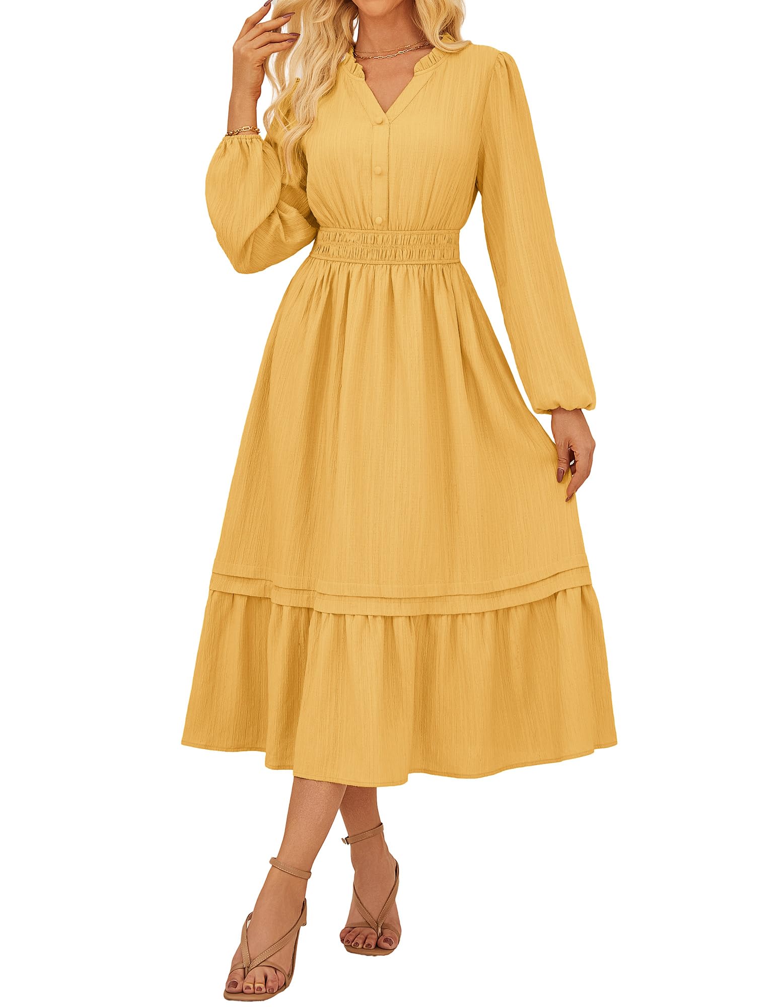 GRACE KARIN 2025 Women's Casual Fall Long Sleeve Midi Dresses, V-Neck Smocked Tiered Dress,Wedding Guest Dress