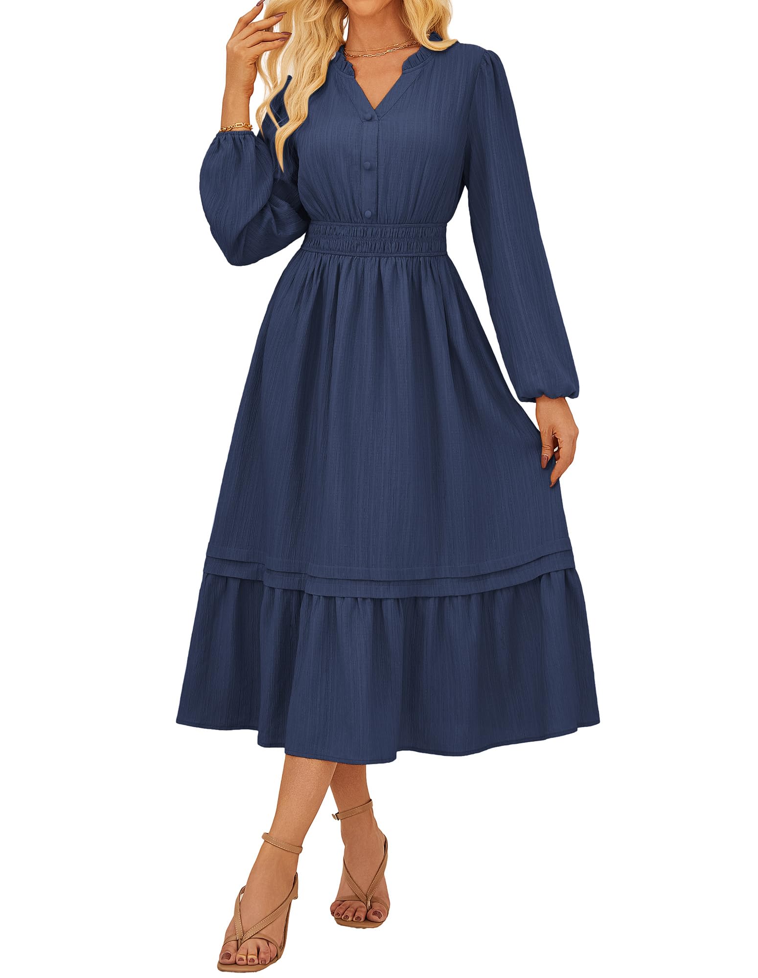 GRACE KARIN 2025 Women's Casual Fall Long Sleeve Midi Dresses, V-Neck Smocked Tiered Dress,Wedding Guest Dress