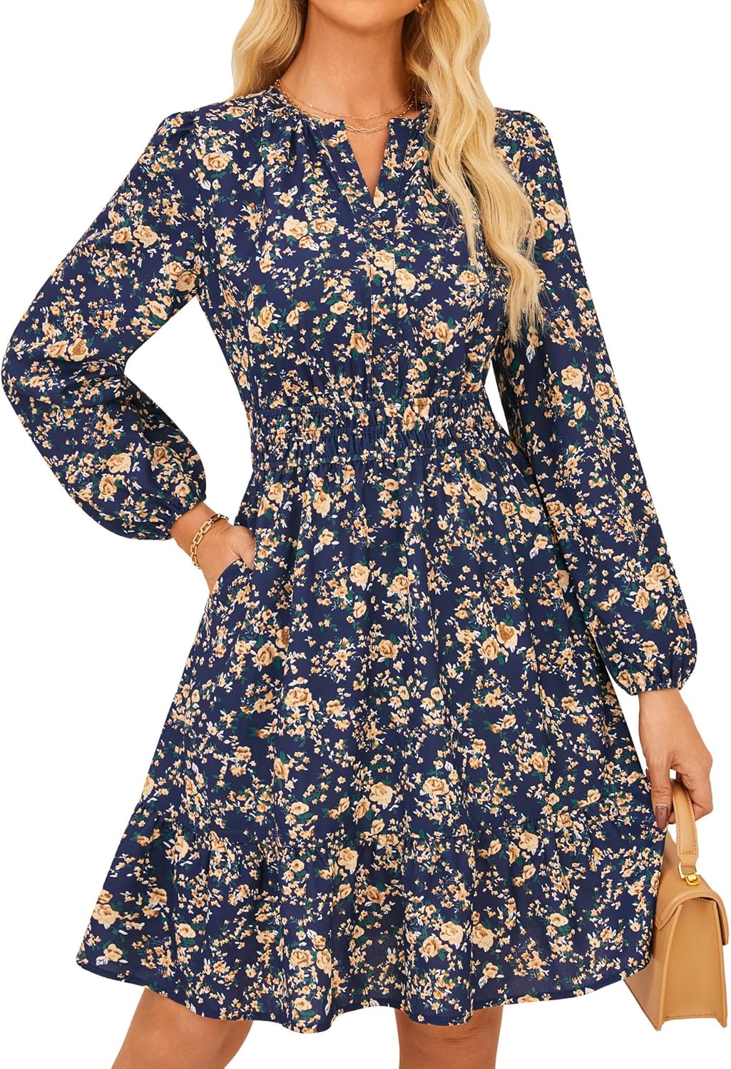 GRACE KARIN 2025 Women's Long Sleeve Henley V-Neck Smocked Waist Floral Mini Tiered A Line Dresses with Pockets
