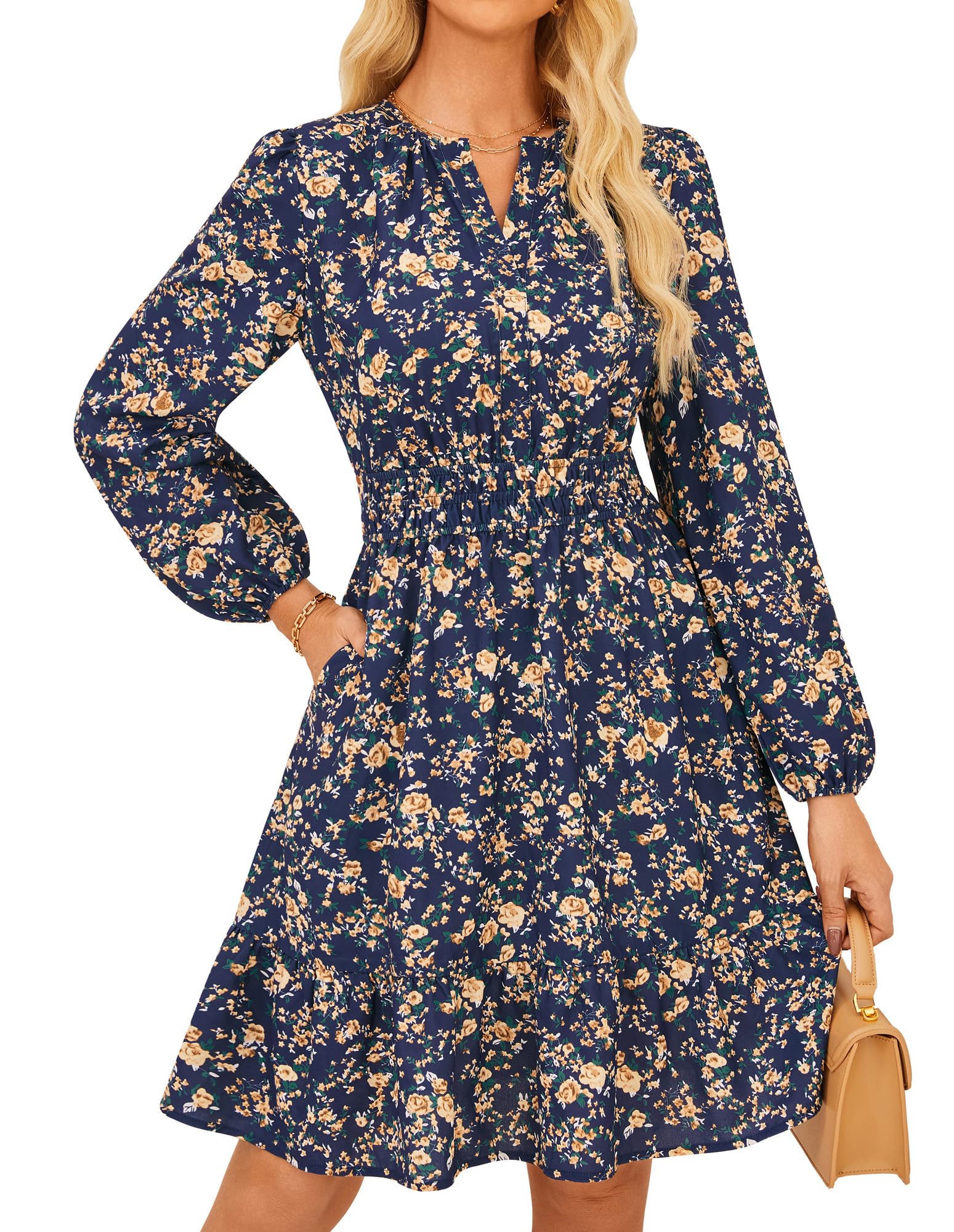 GRACE KARIN 2025 Women's Long Sleeve Henley V-Neck Smocked Waist Floral Mini Tiered A Line Dresses with Pockets