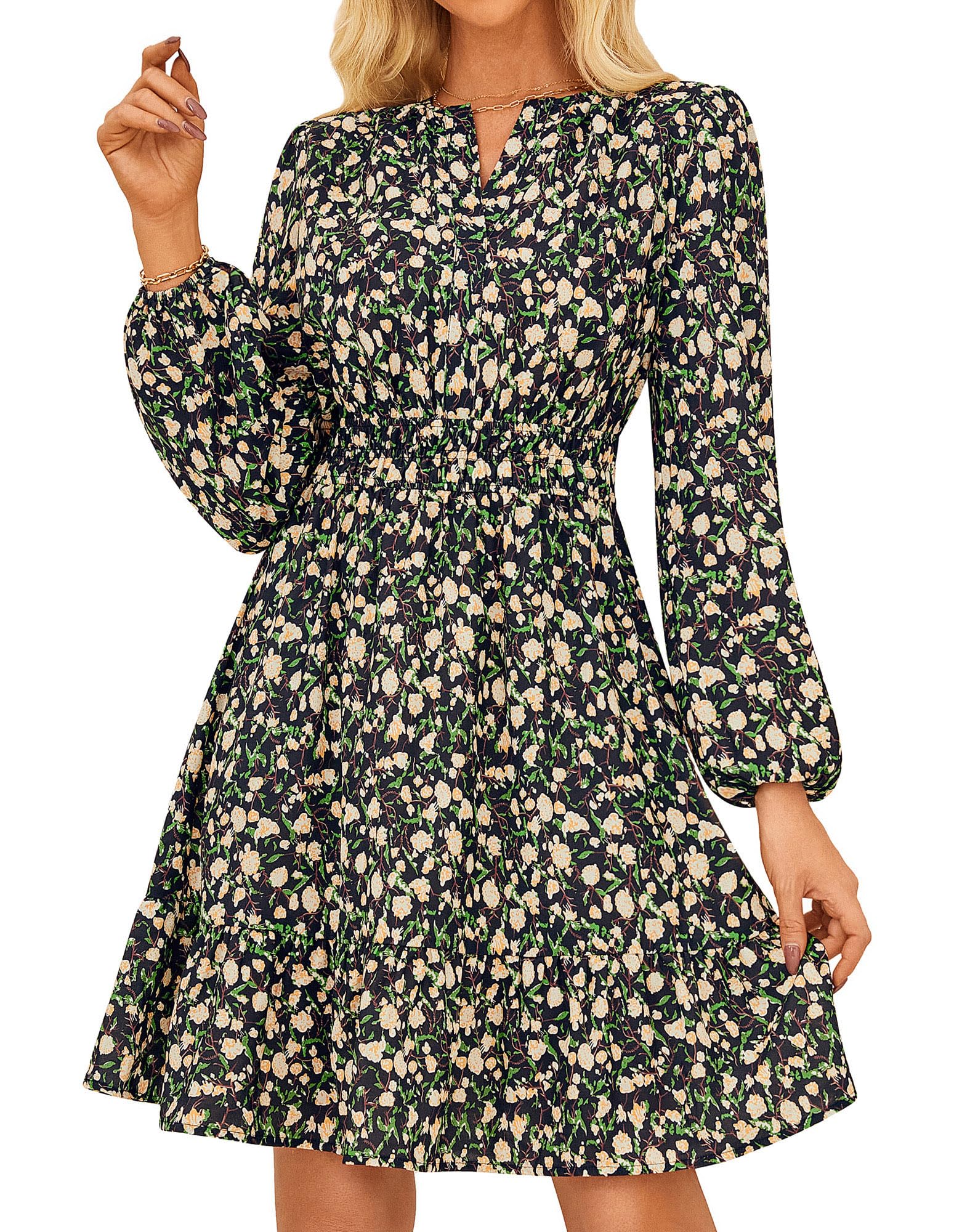 GRACE KARIN 2025 Women's Long Sleeve Henley V-Neck Smocked Waist Floral Mini Tiered A Line Dresses with Pockets