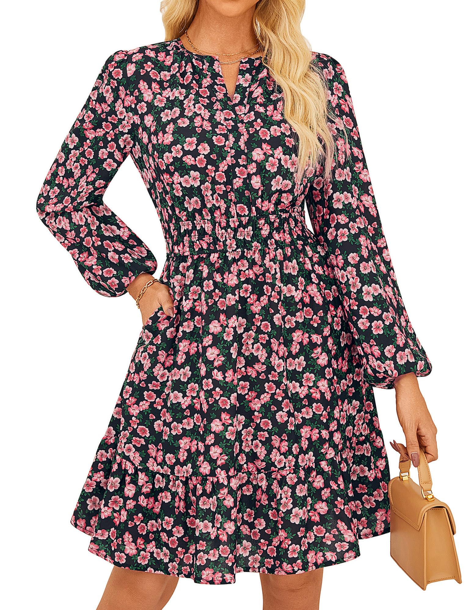GRACE KARIN 2025 Women's Long Sleeve Henley V-Neck Smocked Waist Floral Mini Tiered A Line Dresses with Pockets