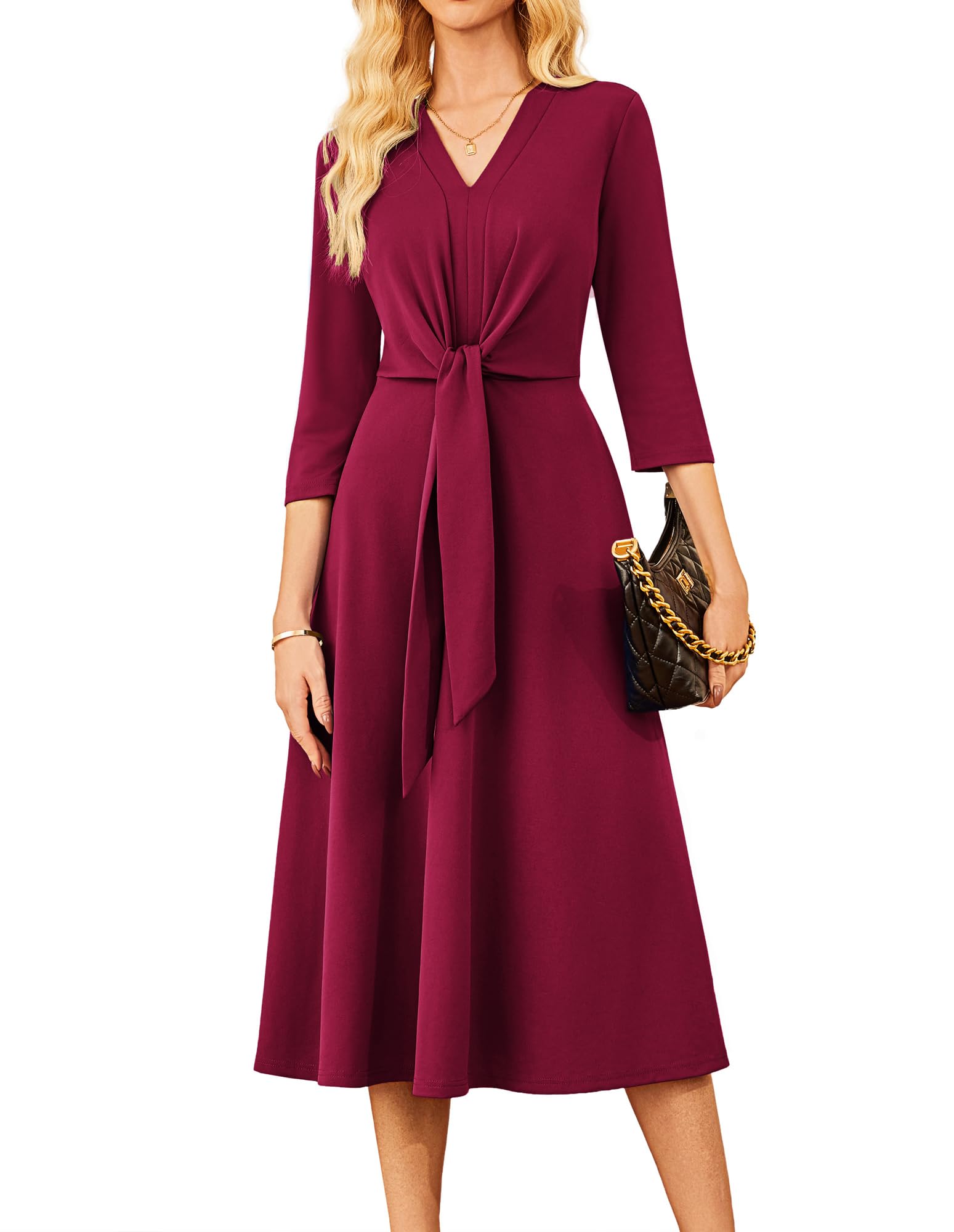 GRACE KARIN 2025 Women's V Neck 3/4 Sleeve Tie Waist Business Work A Line Midi Dress