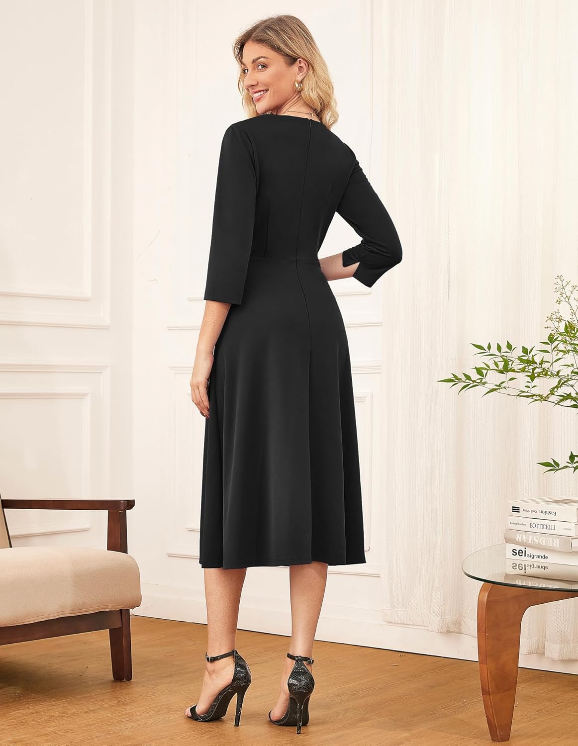 GRACE KARIN 2025 Women's V Neck 3/4 Sleeve Tie Waist Business Work A Line Midi Dress