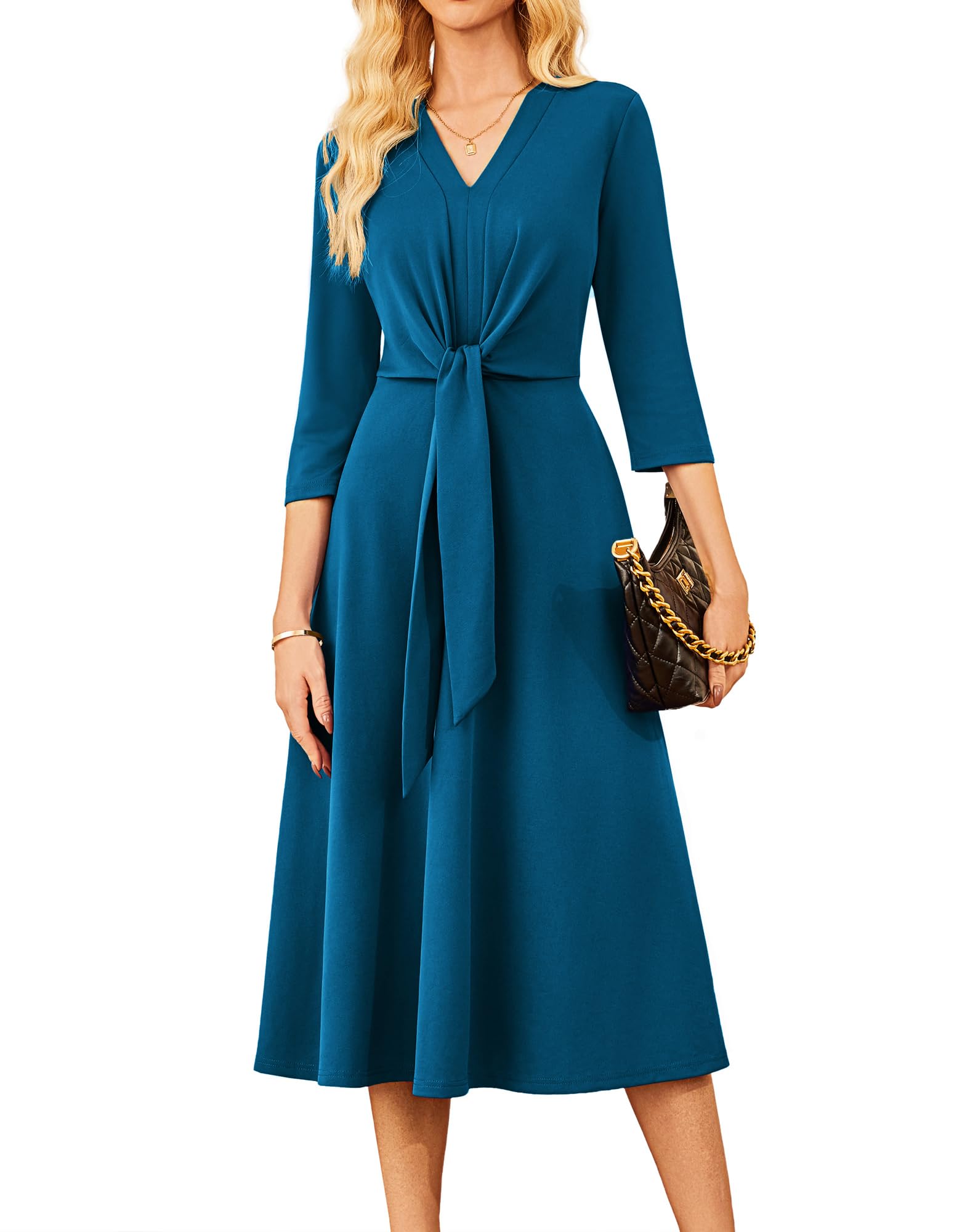 GRACE KARIN 2025 Women's V Neck 3/4 Sleeve Tie Waist Business Work A Line Midi Dress