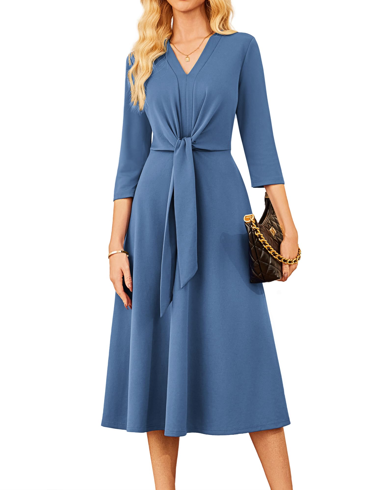 GRACE KARIN 2025 Women's V Neck 3/4 Sleeve Tie Waist Business Work A Line Midi Dress