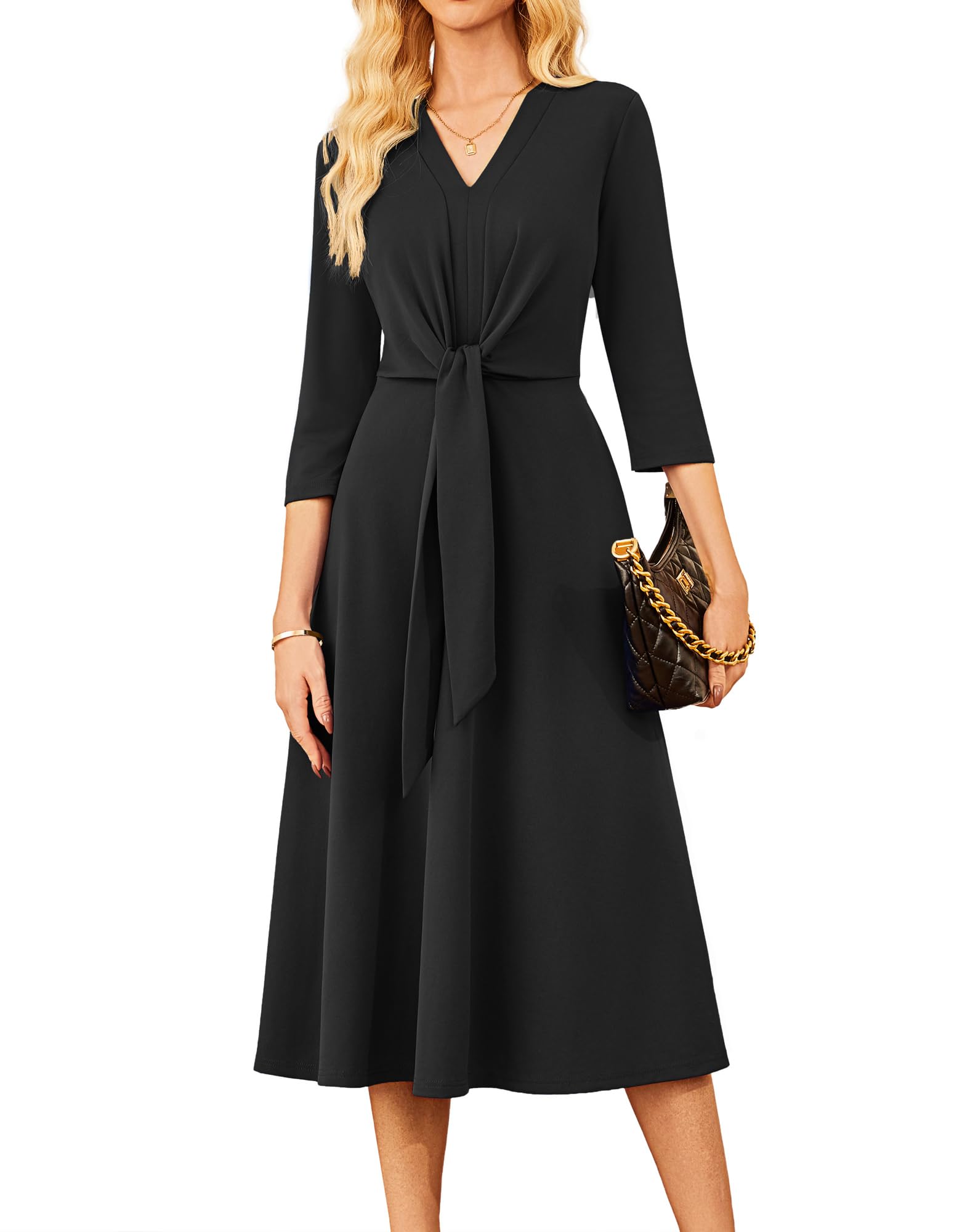 GRACE KARIN 2025 Women's V Neck 3/4 Sleeve Tie Waist Business Work A Line Midi Dress