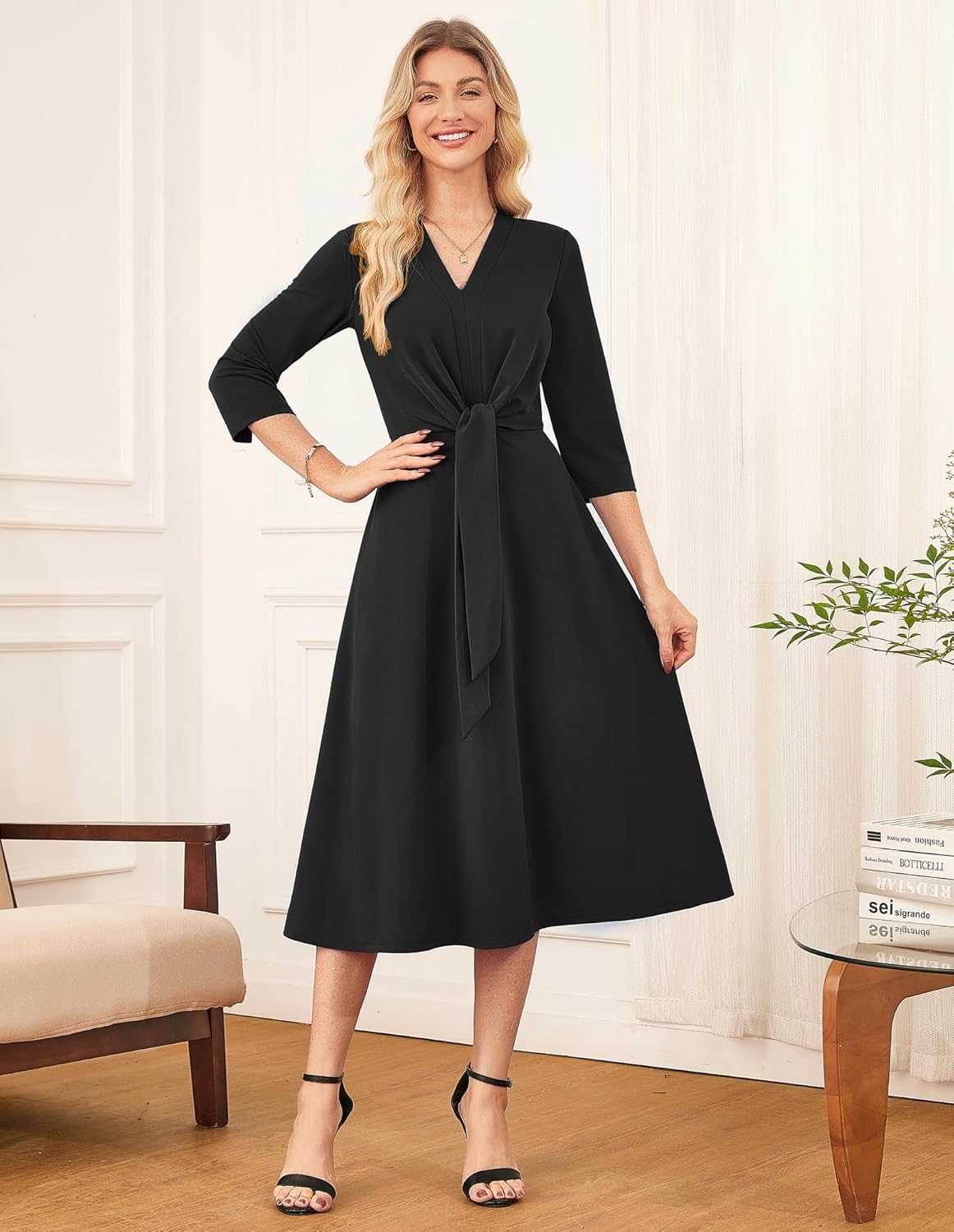 GRACE KARIN 2025 Women's V Neck 3/4 Sleeve Tie Waist Business Work A Line Midi Dress
