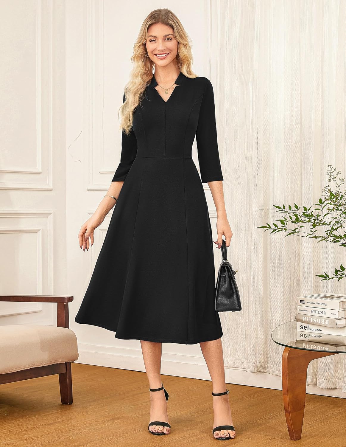 GRACE KARIN Business Dresses for Women Wear to Work Dresses 3/4 Sleeve Midi Aline Dress with Pockets