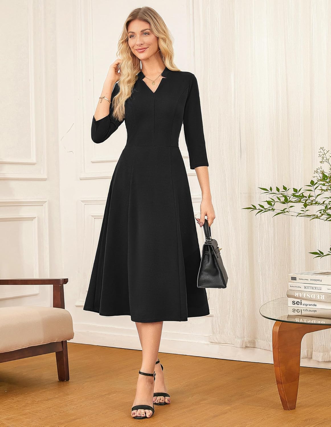 GRACE KARIN Business Dresses for Women Wear to Work Dresses 3/4 Sleeve Midi Aline Dress with Pockets