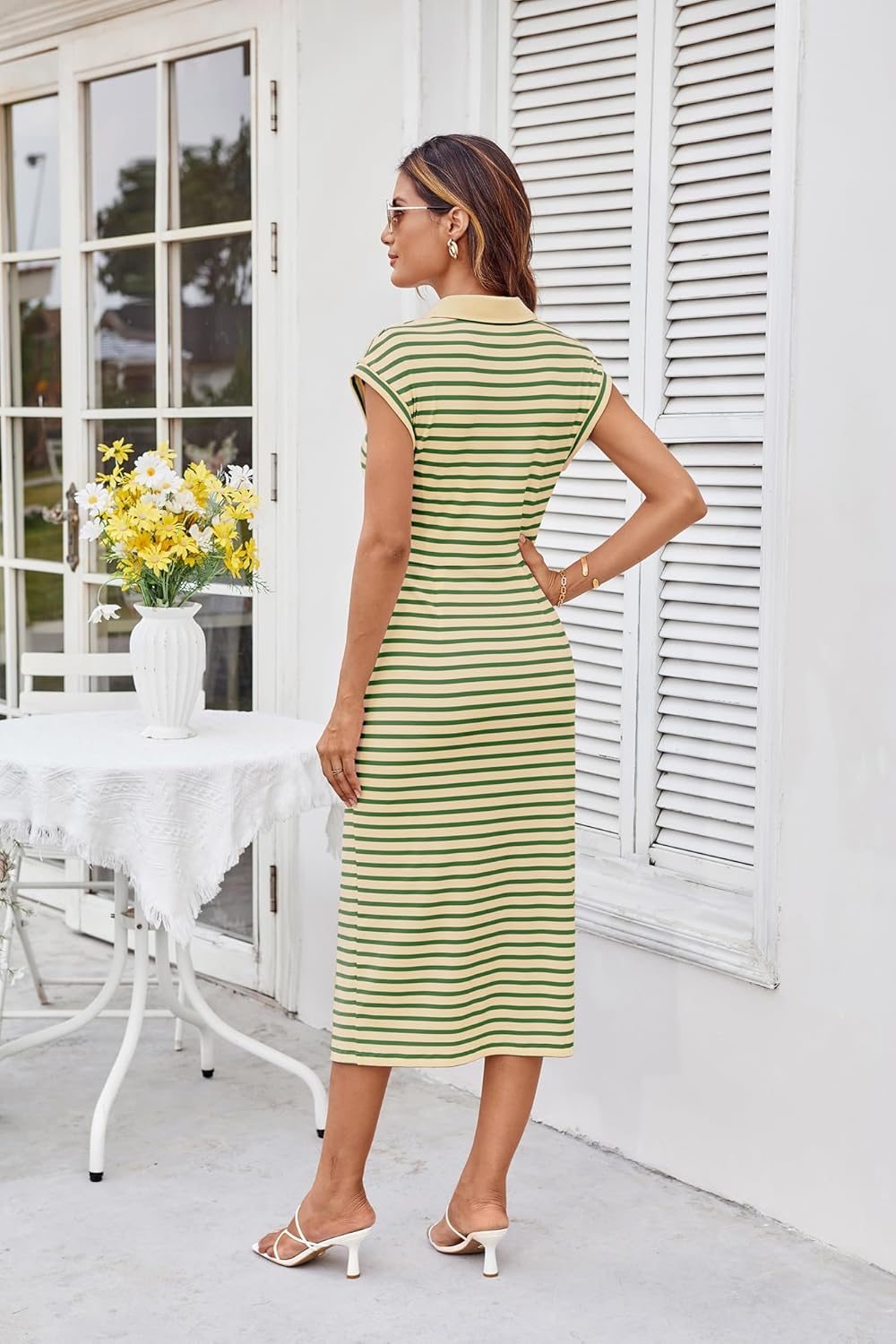 GRACE KARIN Women's Casual Summer Dresses Striped Polo V Neck Cap Sleeve Side Slit Ruched Bodycon Stretch Midi Dresses