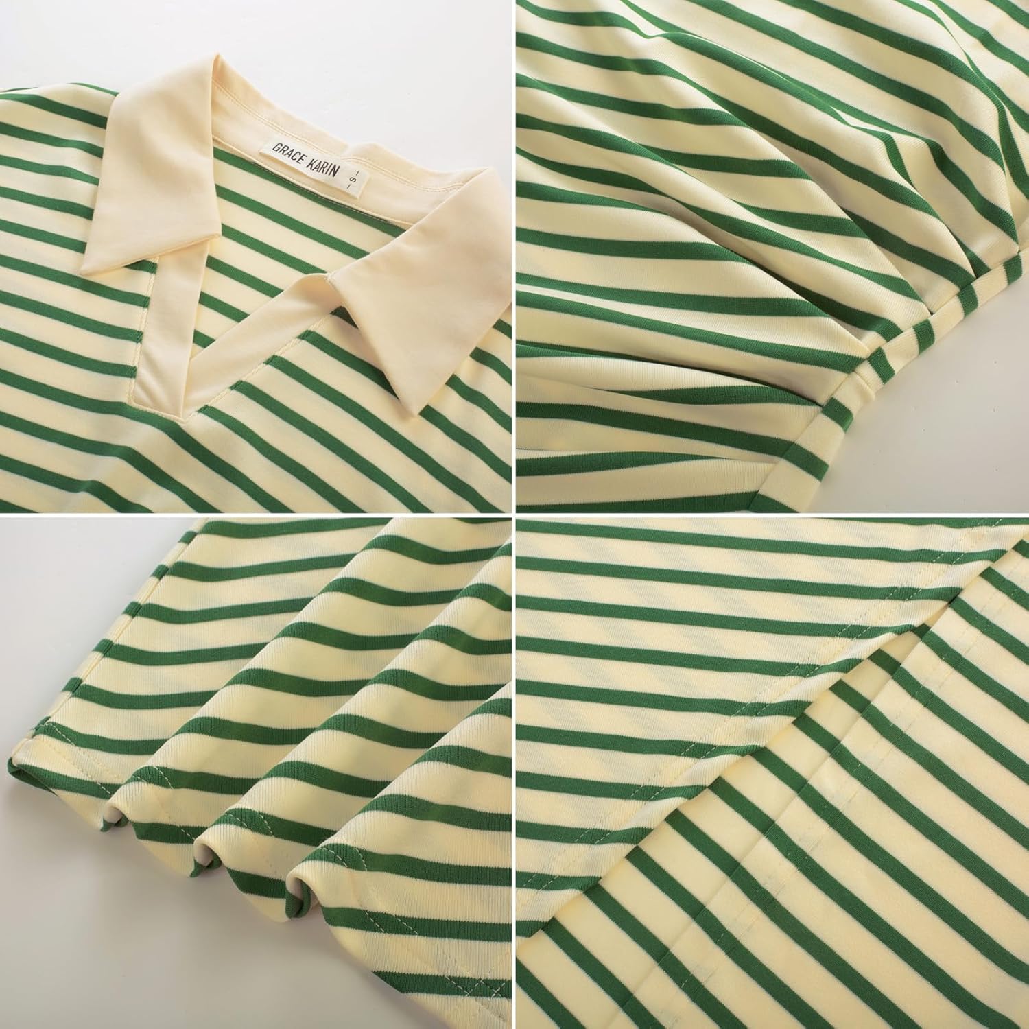 GRACE KARIN Women's Casual Summer Dresses Striped Polo V Neck Cap Sleeve Side Slit Ruched Bodycon Stretch Midi Dresses