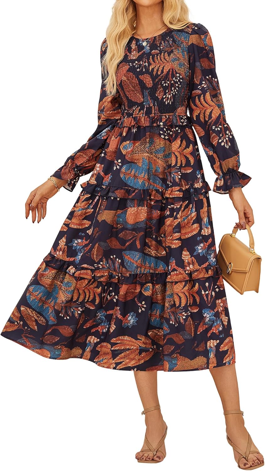 GRACE KARIN Women's Floral Midi Dress 2025 Long Sleeve Fall Elegant Smocked Tiered Flowy Wedding Guest Dresses with Pockets