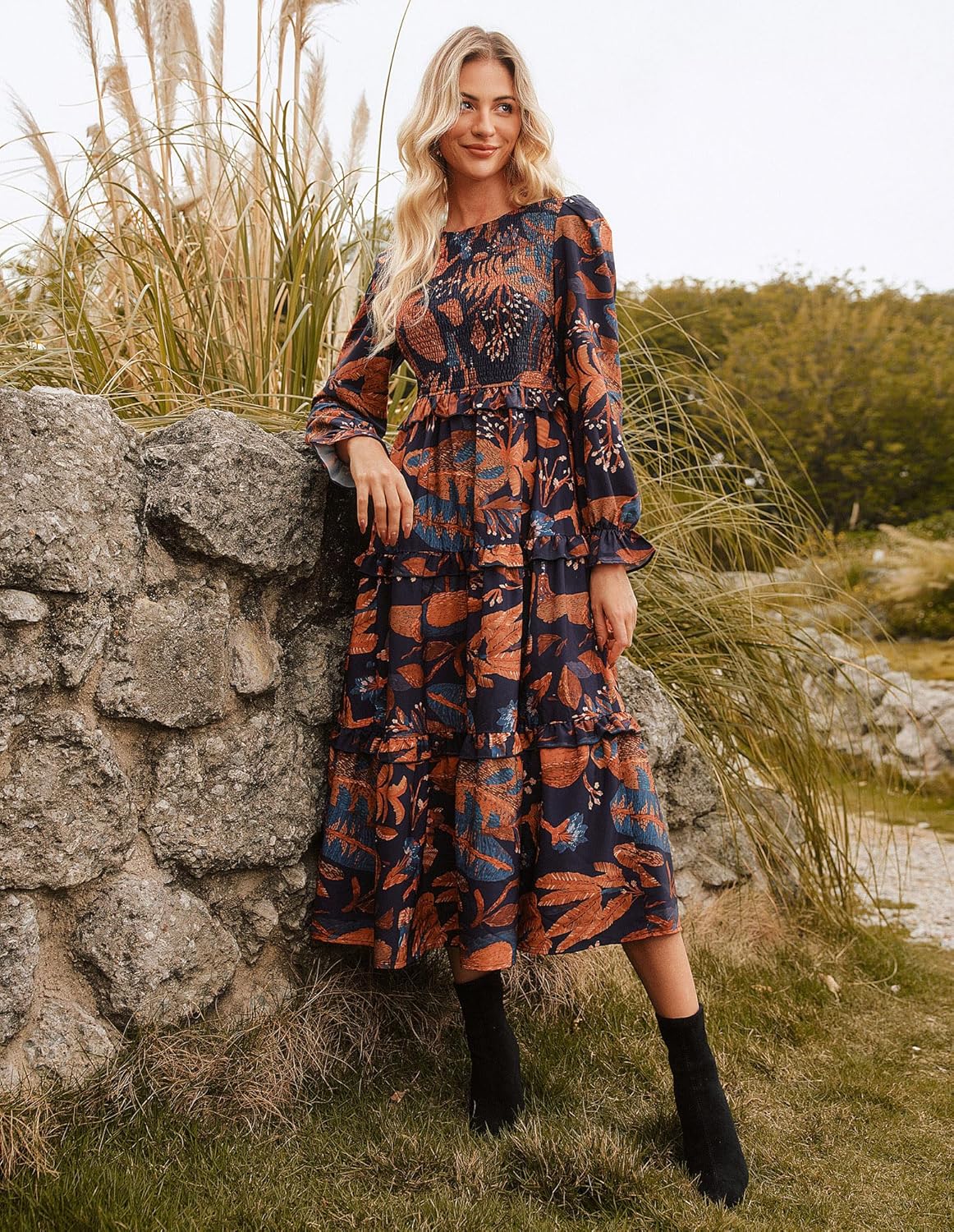 GRACE KARIN Women's Floral Midi Dress 2025 Long Sleeve Fall Elegant Smocked Tiered Flowy Wedding Guest Dresses with Pockets