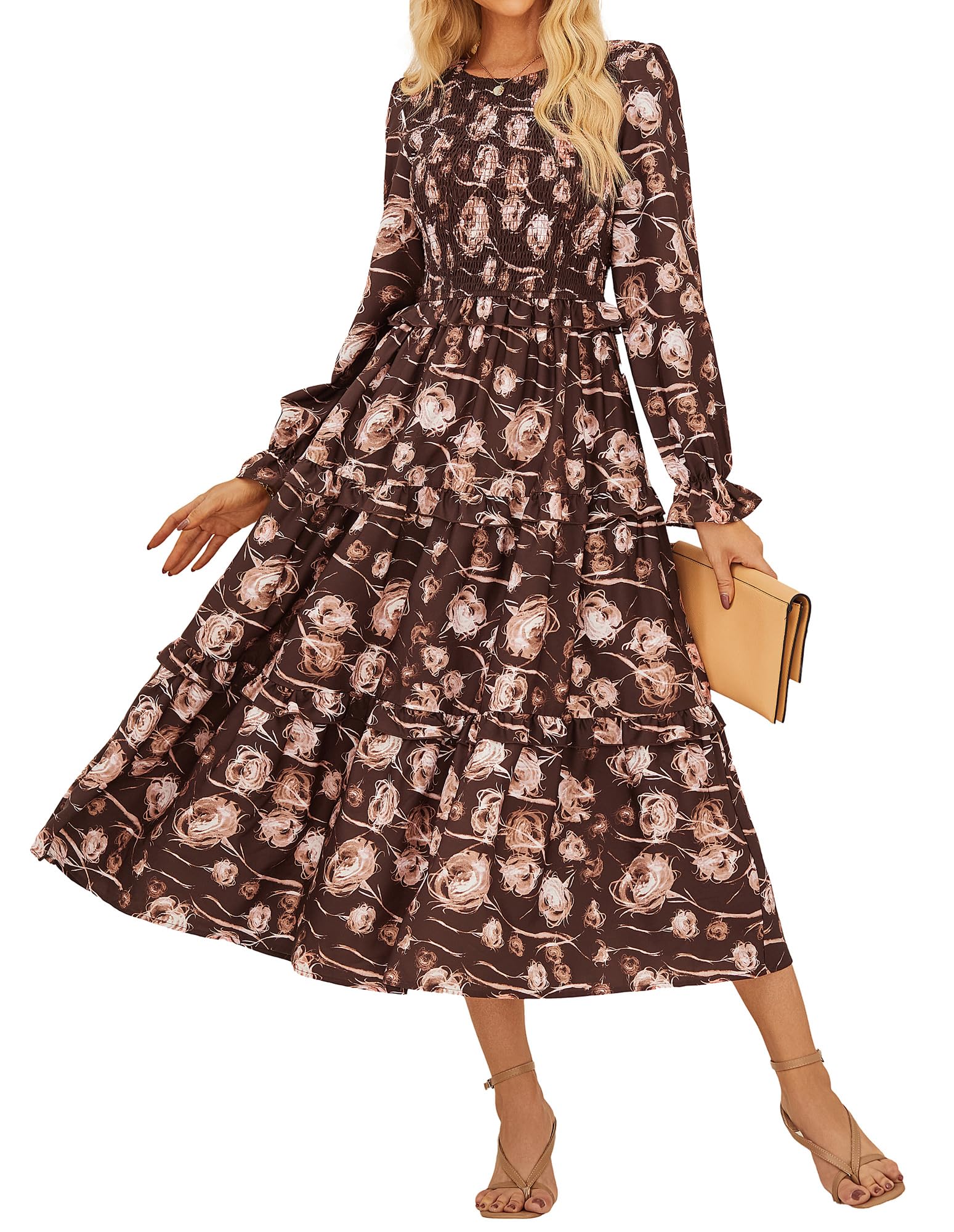 GRACE KARIN Women's Floral Midi Dress 2025 Long Sleeve Fall Elegant Smocked Tiered Flowy Wedding Guest Dresses with Pockets