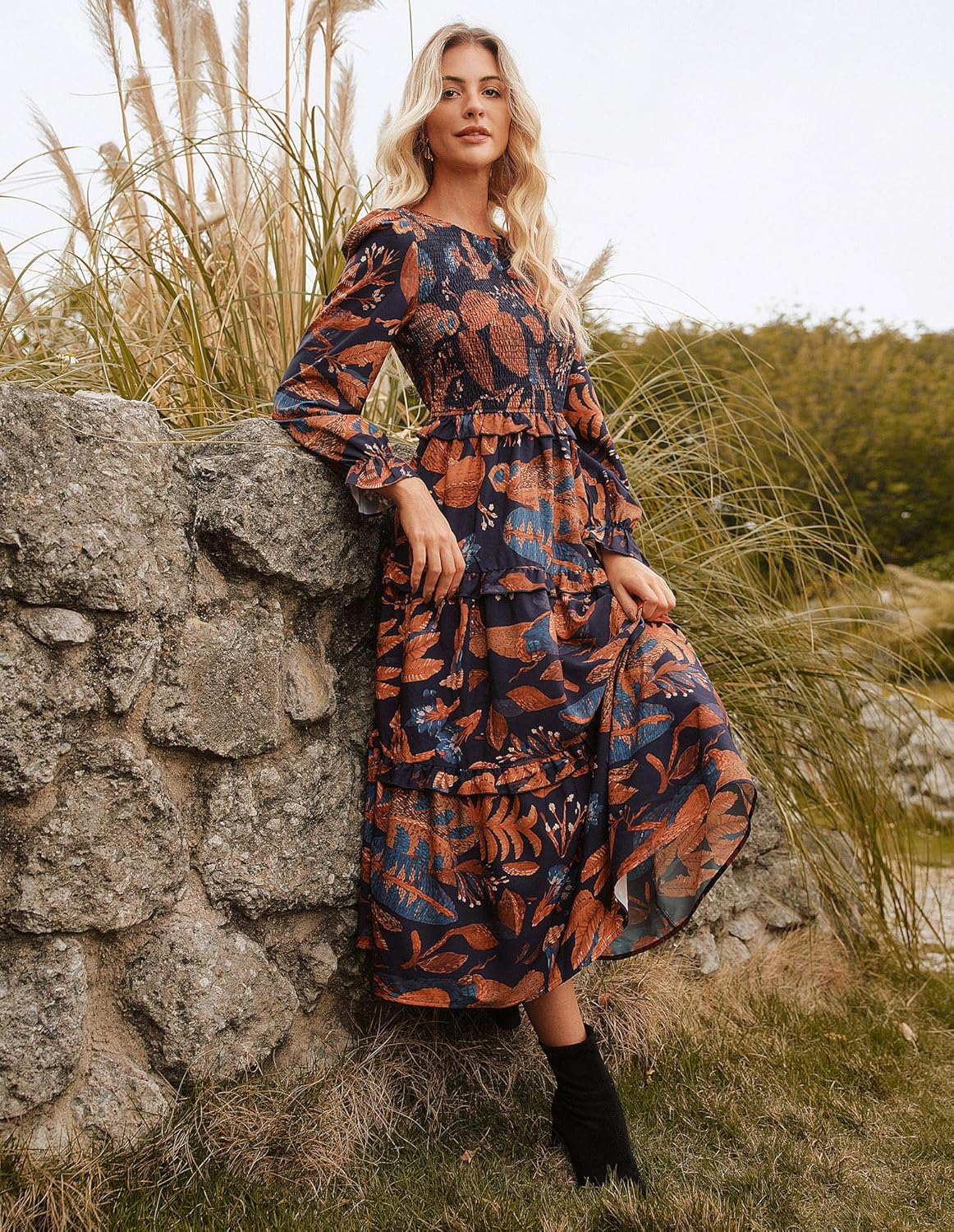 GRACE KARIN Women's Floral Midi Dress 2025 Long Sleeve Fall Elegant Smocked Tiered Flowy Wedding Guest Dresses with Pockets