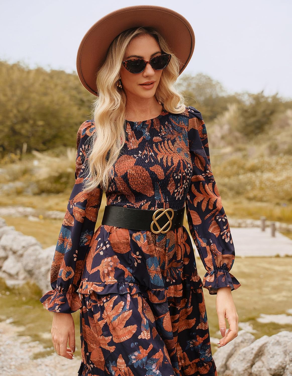 GRACE KARIN Women's Floral Midi Dress 2025 Long Sleeve Fall Elegant Smocked Tiered Flowy Wedding Guest Dresses with Pockets