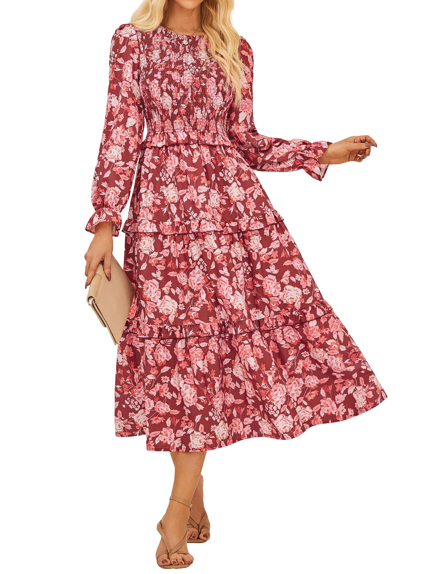 GRACE KARIN Women's Floral Midi Dress 2025 Long Sleeve Fall Elegant Smocked Tiered Flowy Wedding Guest Dresses with Pockets