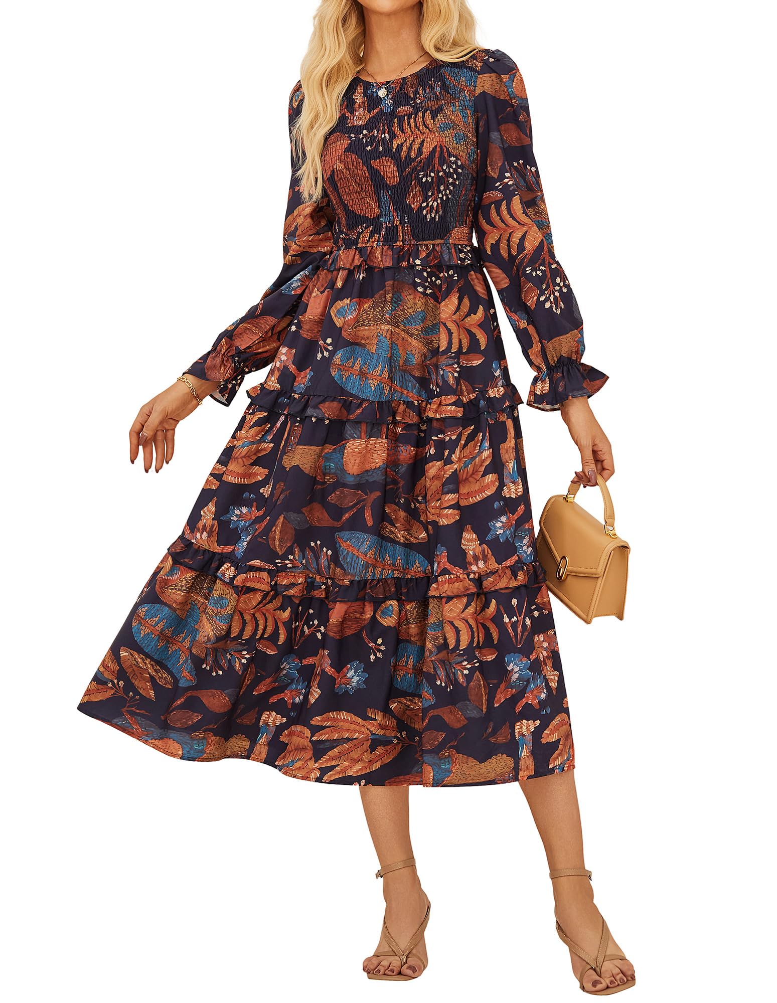 GRACE KARIN Women's Floral Midi Dress 2025 Long Sleeve Fall Elegant Smocked Tiered Flowy Wedding Guest Dresses with Pockets