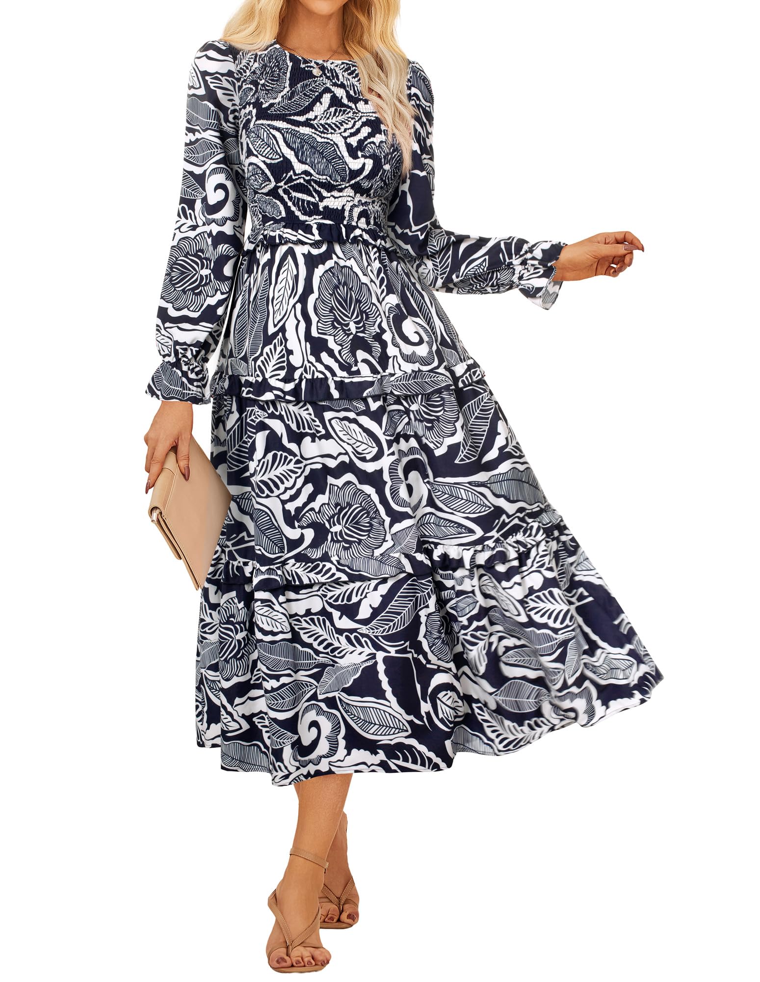 GRACE KARIN Women's Floral Midi Dress 2025 Long Sleeve Fall Elegant Smocked Tiered Flowy Wedding Guest Dresses with Pockets