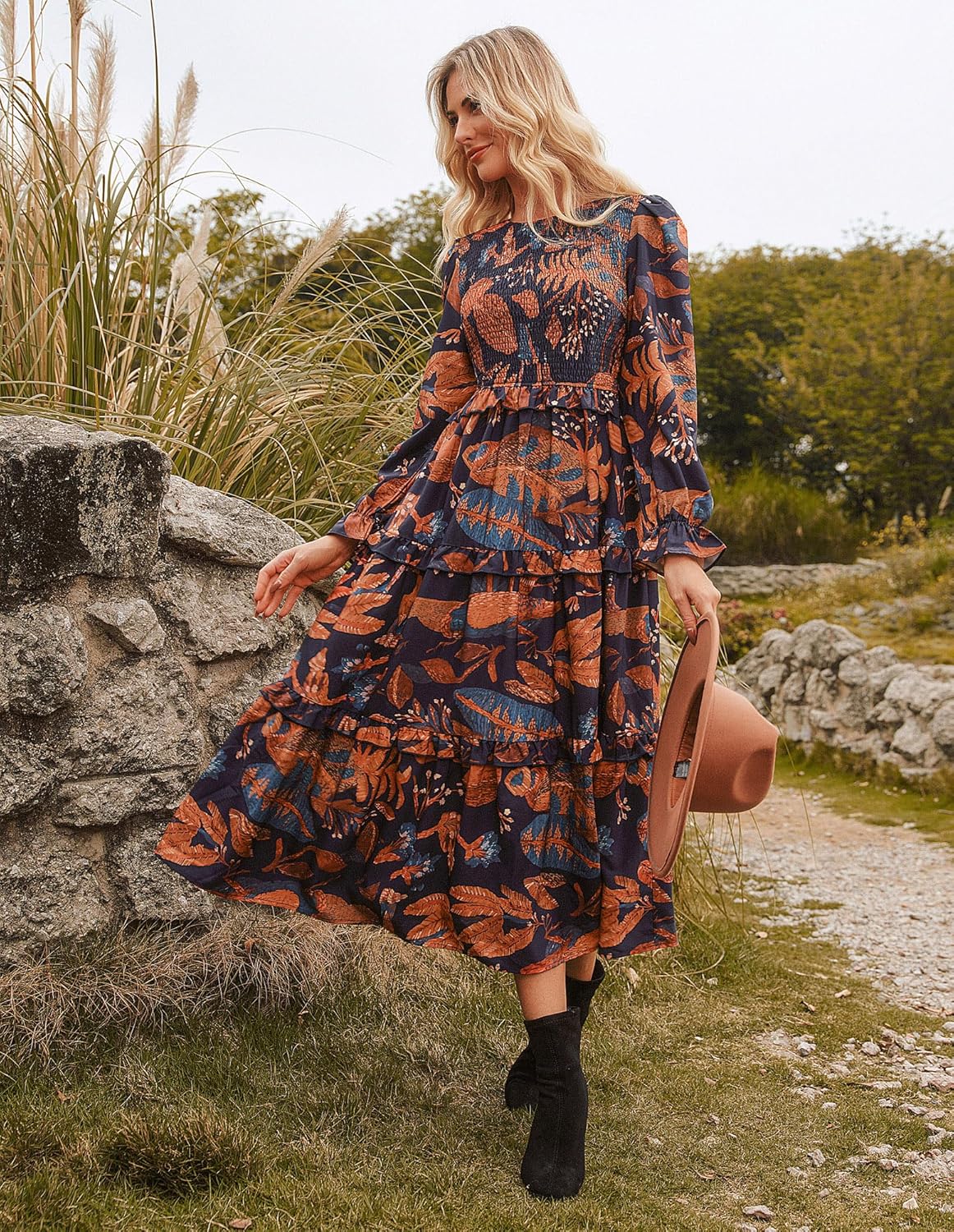 GRACE KARIN Women's Floral Midi Dress 2025 Long Sleeve Fall Elegant Smocked Tiered Flowy Wedding Guest Dresses with Pockets