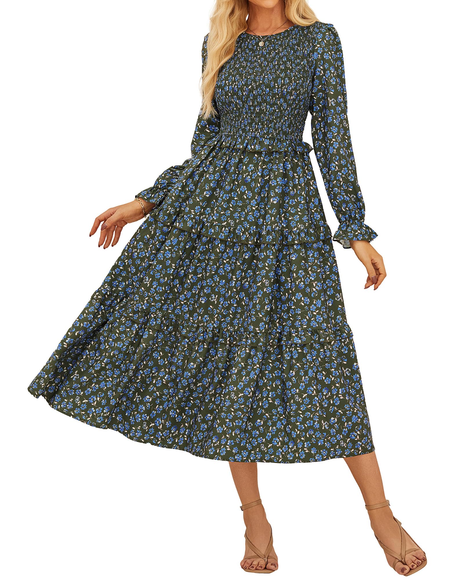 GRACE KARIN Women's Floral Midi Dress 2025 Long Sleeve Fall Elegant Smocked Tiered Flowy Wedding Guest Dresses with Pockets
