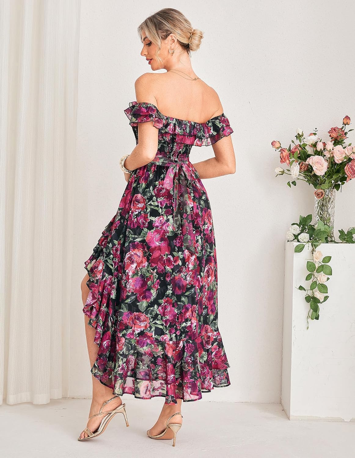 GRACE KARIN Women's Floral Print Maxi Dress Off Shoulder Smocked A Line Flowy Ruffle Wedding Guest Dresses with Pockets