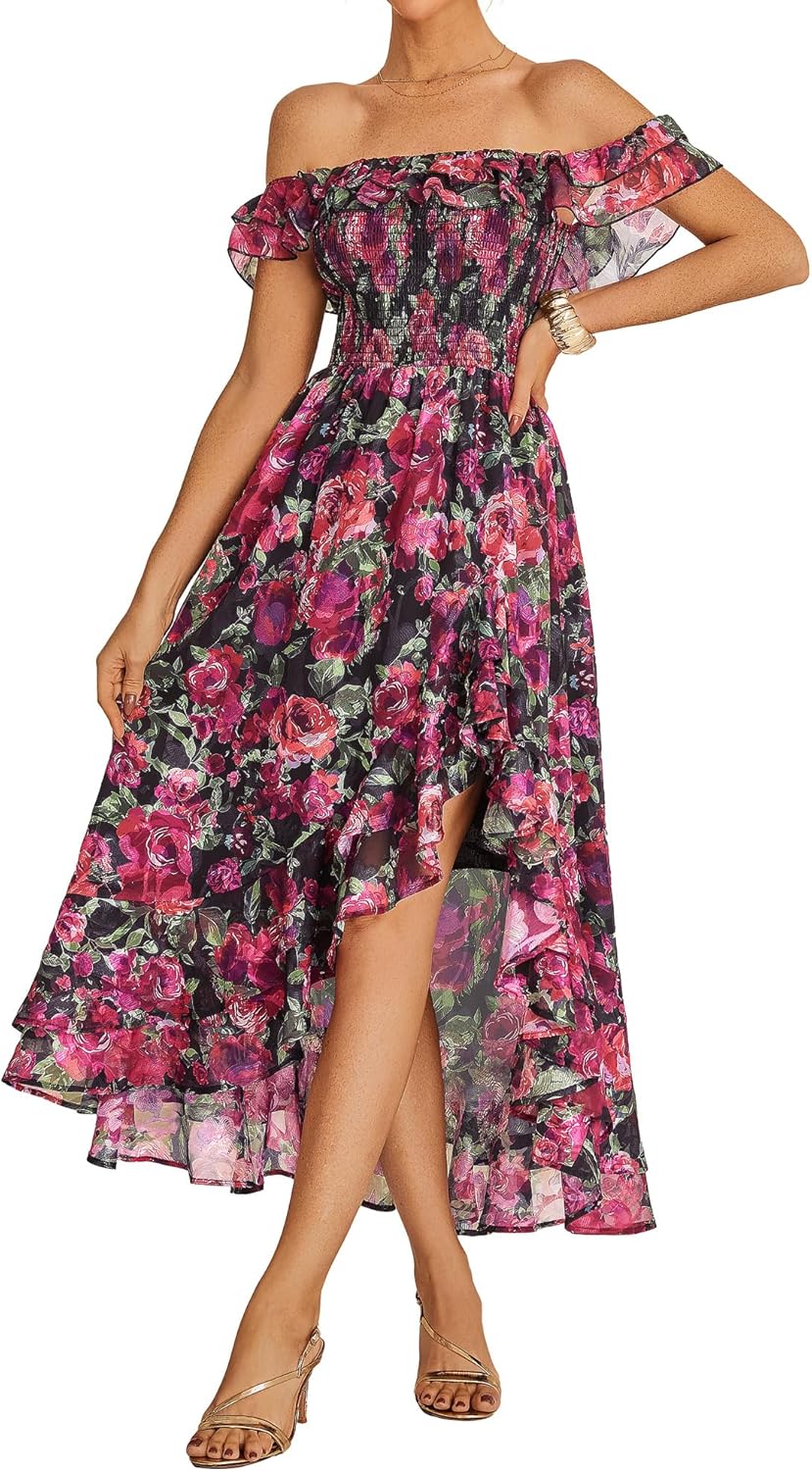 GRACE KARIN Women's Floral Print Maxi Dress Off Shoulder Smocked A Line Flowy Ruffle Wedding Guest Dresses with Pockets