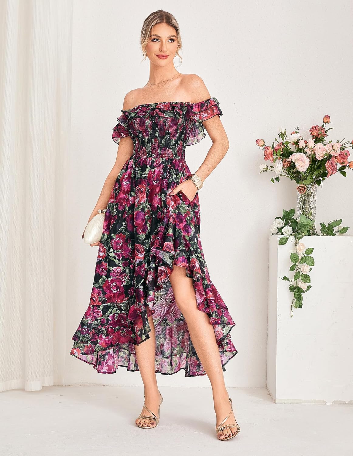 GRACE KARIN Women's Floral Print Maxi Dress Off Shoulder Smocked A Line Flowy Ruffle Wedding Guest Dresses with Pockets