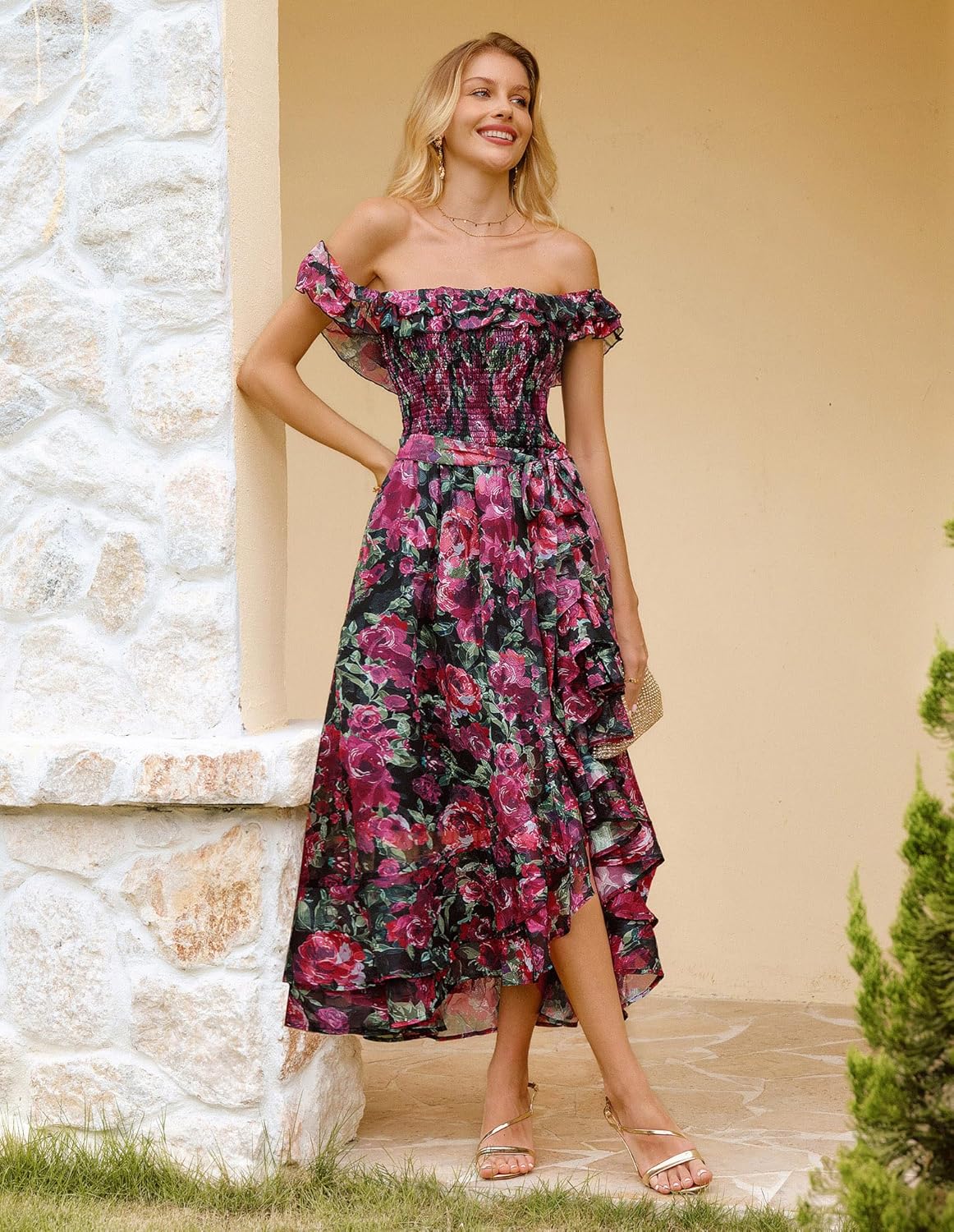 GRACE KARIN Women's Floral Print Maxi Dress Off Shoulder Smocked A Line Flowy Ruffle Wedding Guest Dresses with Pockets