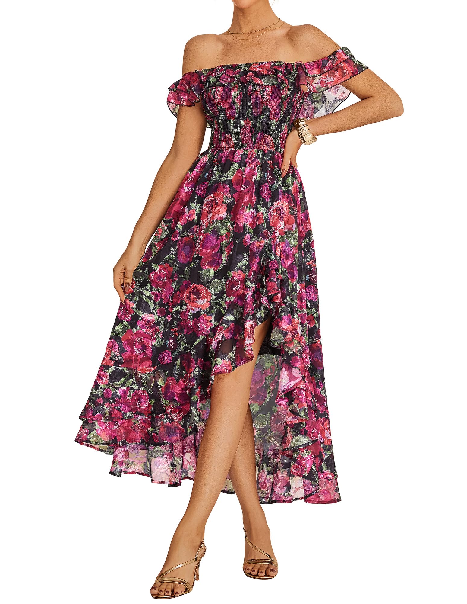 GRACE KARIN Women's Floral Print Maxi Dress Off Shoulder Smocked A Line Flowy Ruffle Wedding Guest Dresses with Pockets
