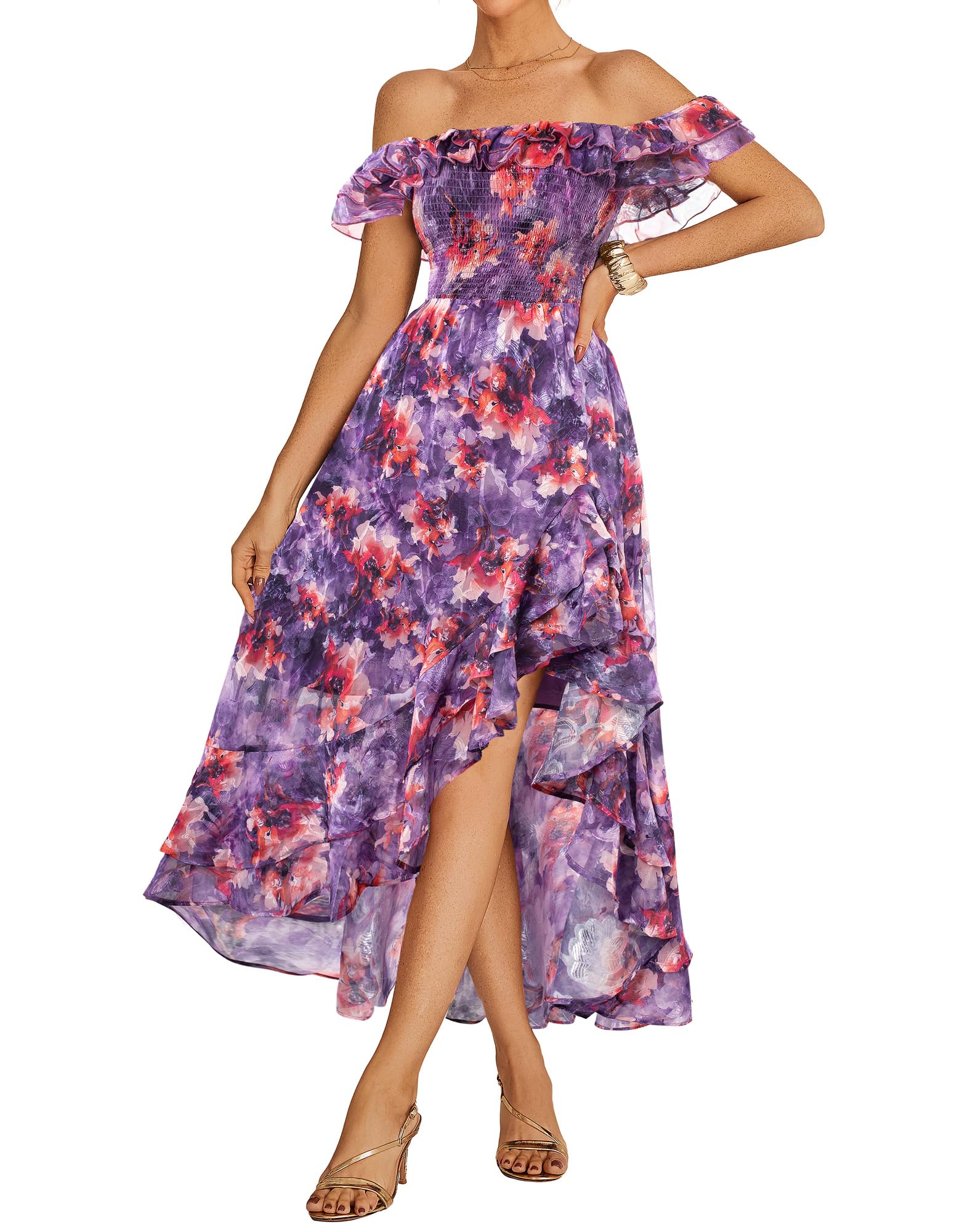 GRACE KARIN Women's Floral Print Maxi Dress Off Shoulder Smocked A Line Flowy Ruffle Wedding Guest Dresses with Pockets