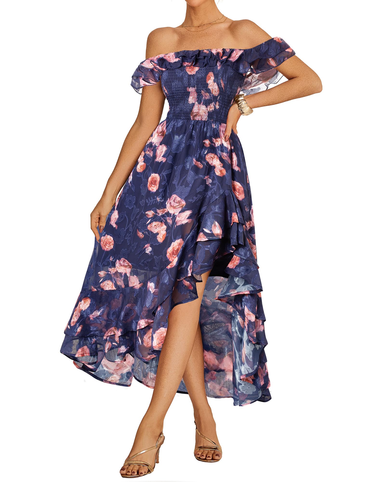GRACE KARIN Women's Floral Print Maxi Dress Off Shoulder Smocked A Line Flowy Ruffle Wedding Guest Dresses with Pockets