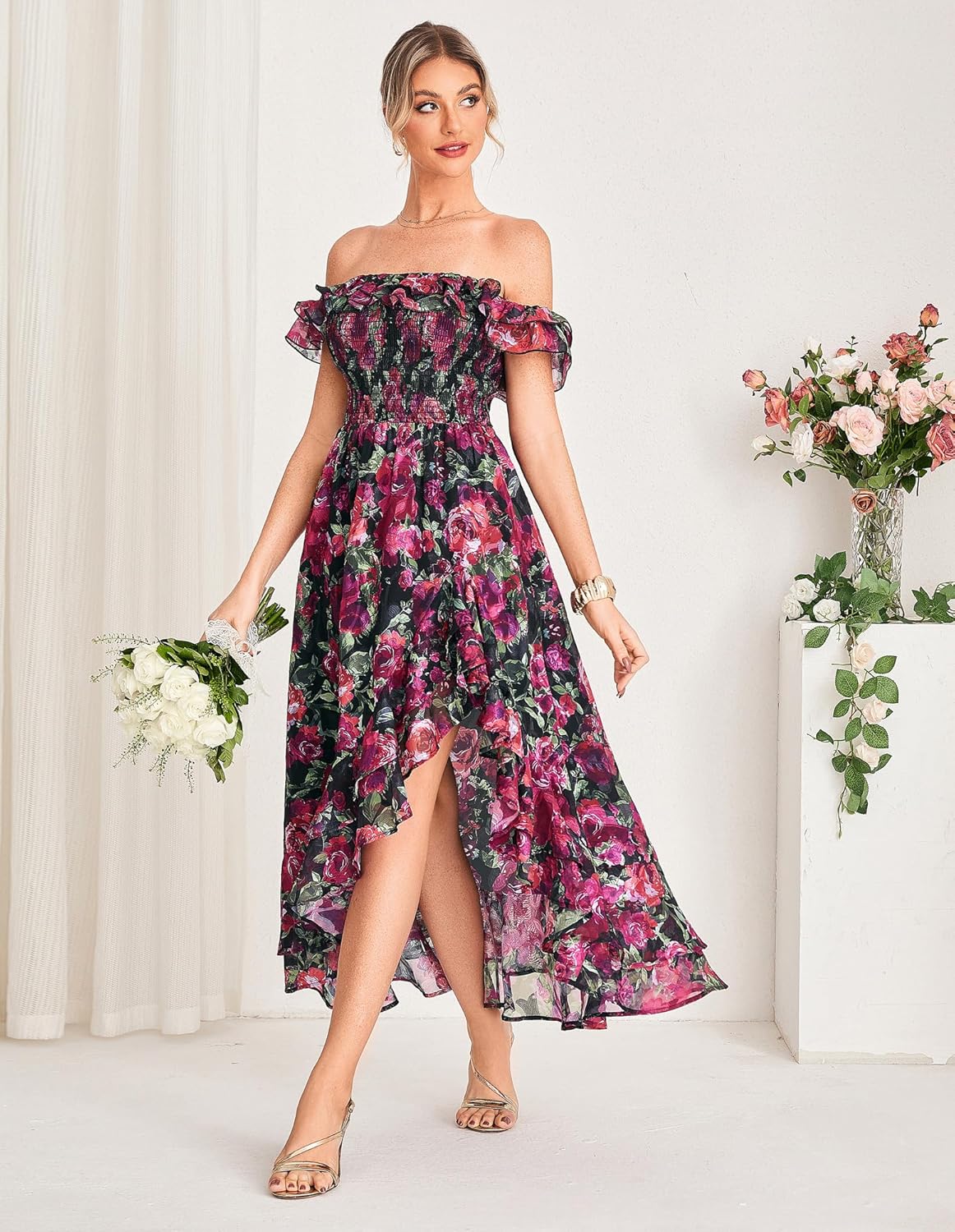 GRACE KARIN Women's Floral Print Maxi Dress Off Shoulder Smocked A Line Flowy Ruffle Wedding Guest Dresses with Pockets