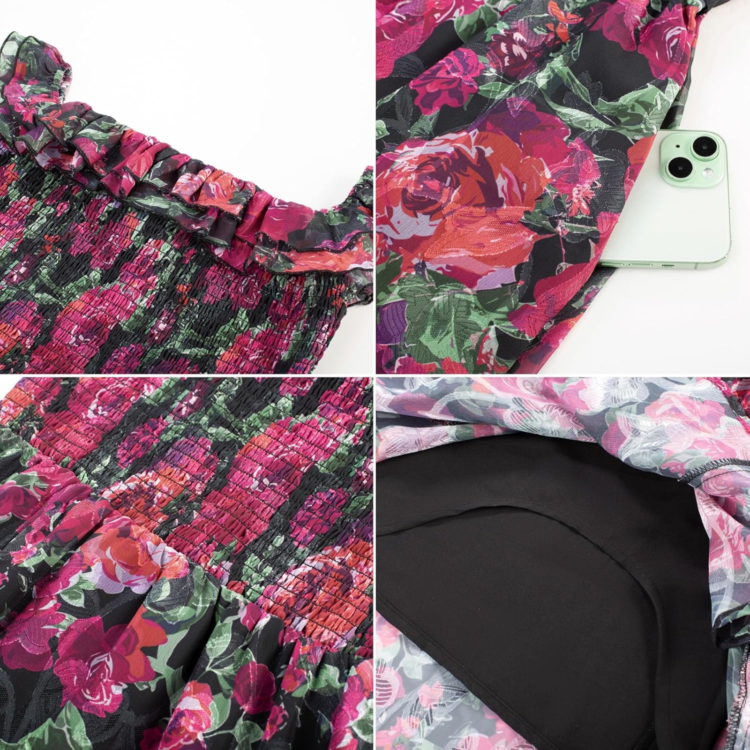 GRACE KARIN Women's Floral Print Maxi Dress Off Shoulder Smocked A Line Flowy Ruffle Wedding Guest Dresses with Pockets