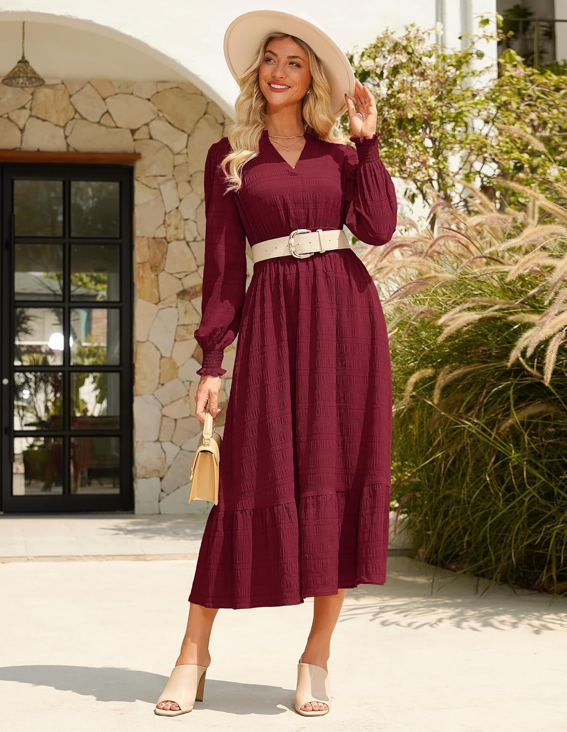 GRACE KARIN Women's Puff Long Sleeve V Neck Smocked Maxi Dress Tiered A-line Spring Fall Flowy Long Dress with Pockets