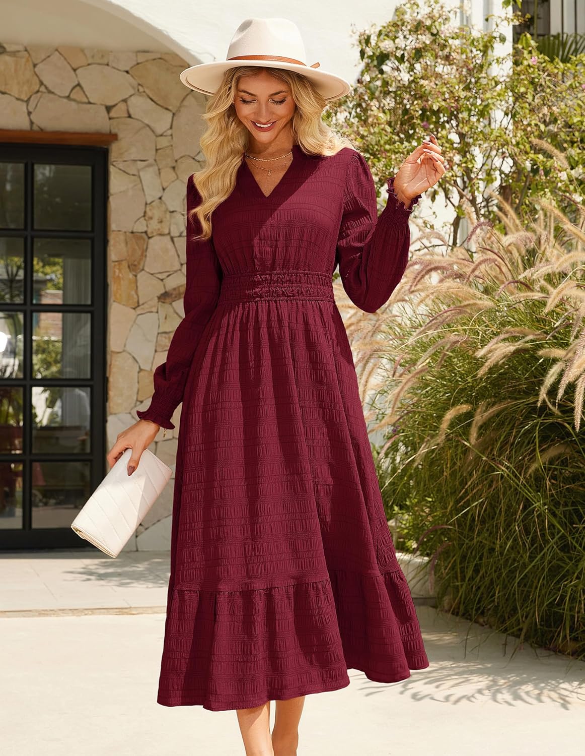 GRACE KARIN Women's Puff Long Sleeve V Neck Smocked Maxi Dress Tiered A-line Spring Fall Flowy Long Dress with Pockets