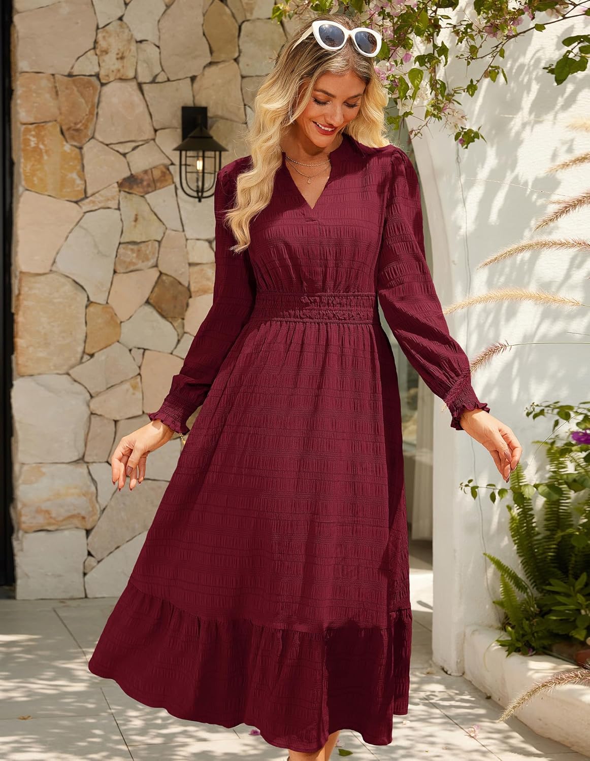 GRACE KARIN Women's Puff Long Sleeve V Neck Smocked Maxi Dress Tiered A-line Spring Fall Flowy Long Dress with Pockets