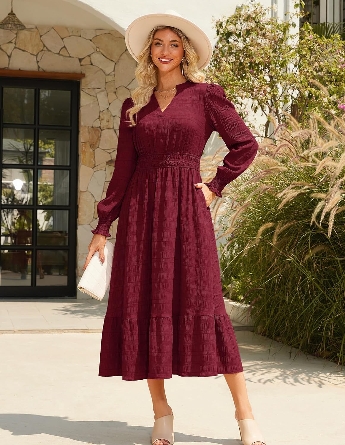 GRACE KARIN Women's Puff Long Sleeve V Neck Smocked Maxi Dress Tiered A-line Spring Fall Flowy Long Dress with Pockets