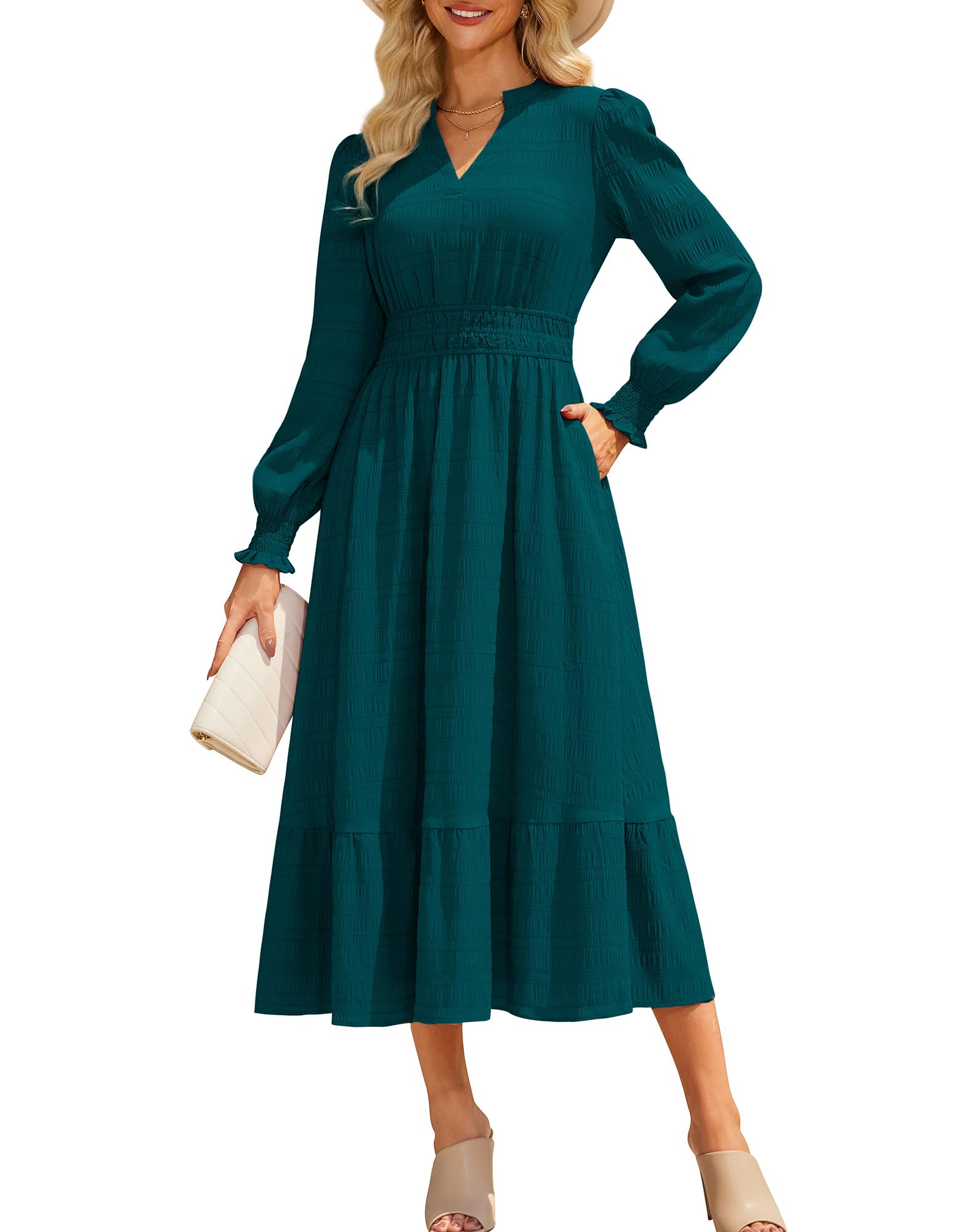 GRACE KARIN Women's Puff Long Sleeve V Neck Smocked Maxi Dress Tiered A-line Spring Fall Flowy Long Dress with Pockets