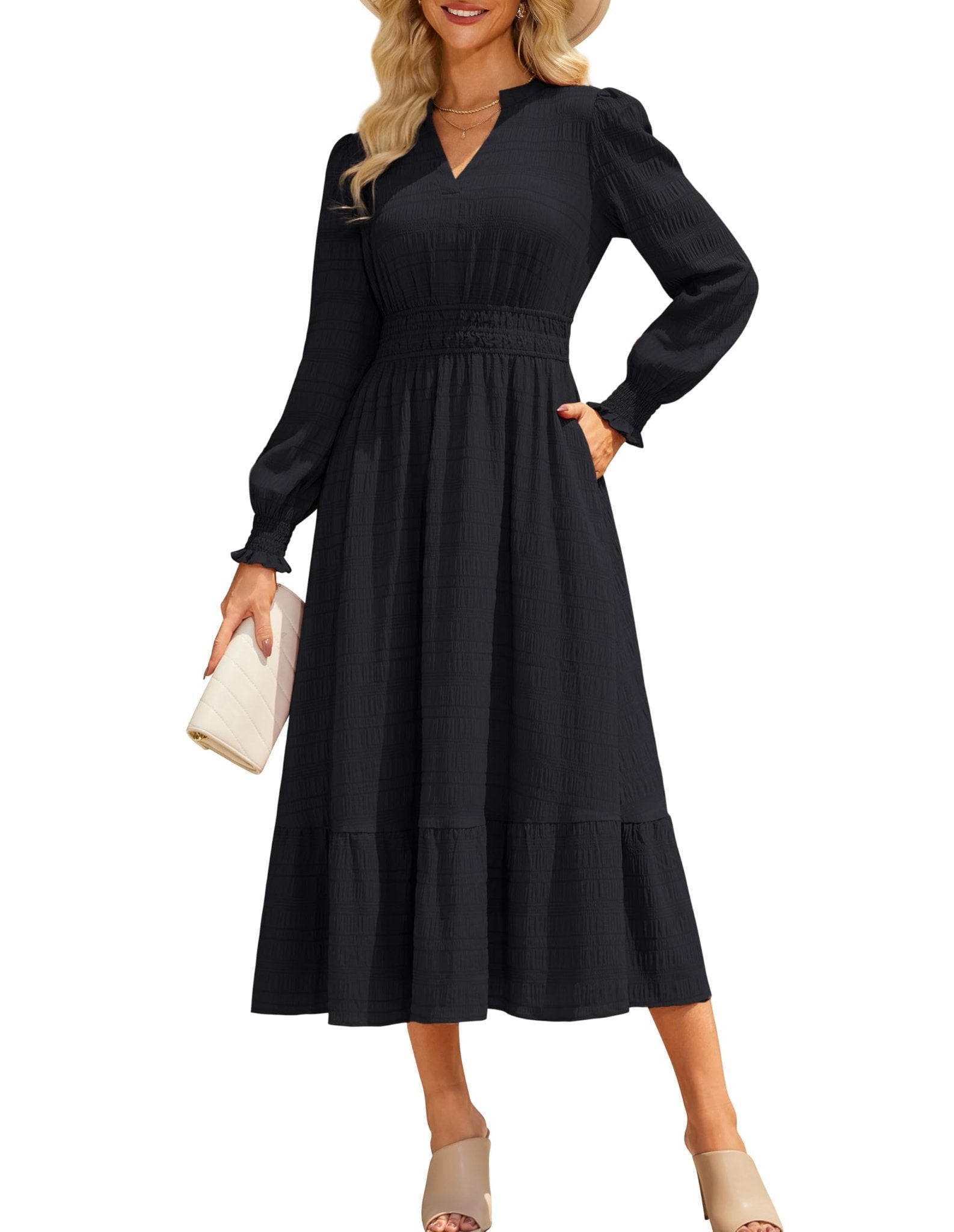 GRACE KARIN Women's Puff Long Sleeve V Neck Smocked Maxi Dress Tiered A-line Spring Fall Flowy Long Dress with Pockets