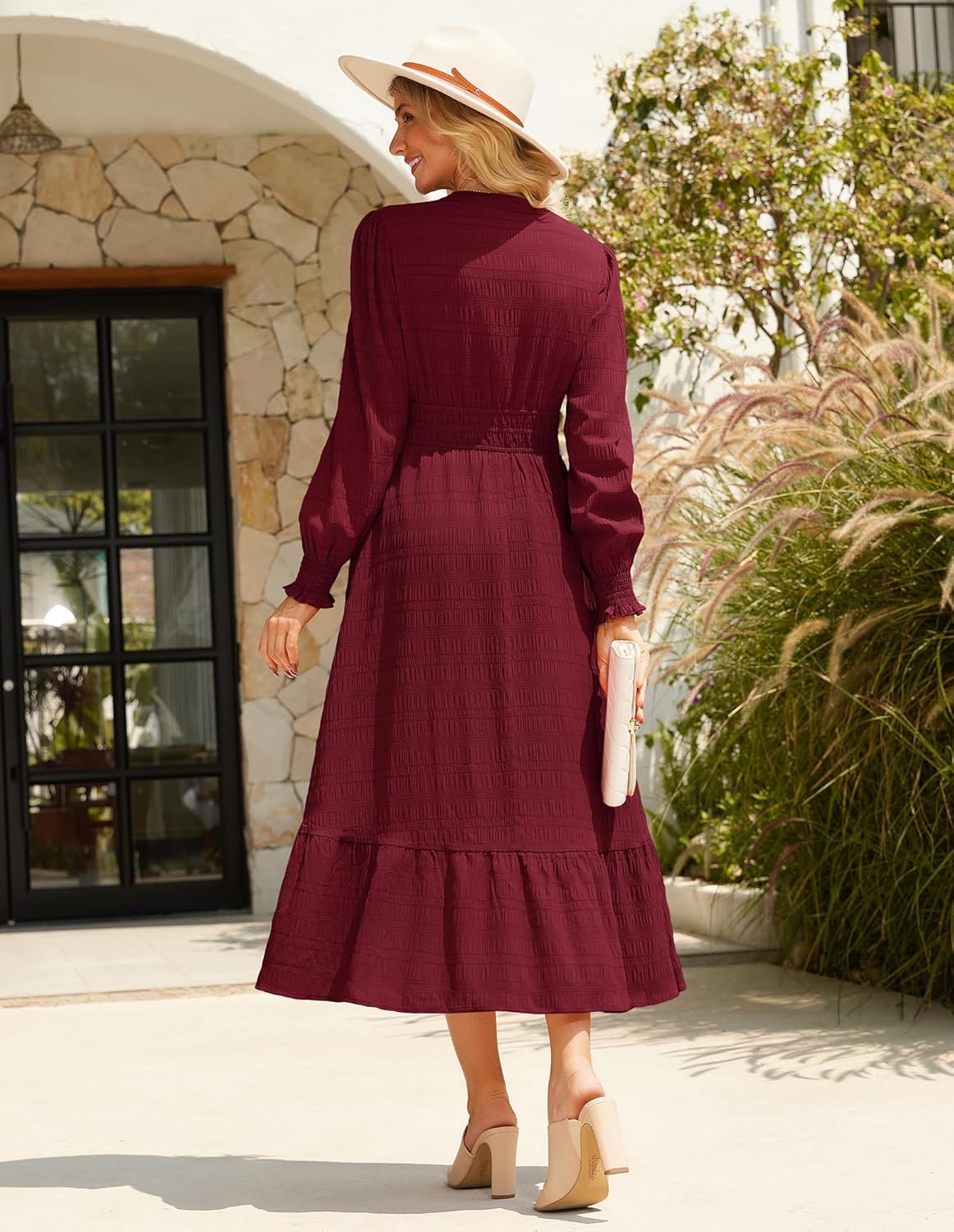 GRACE KARIN Women's Puff Long Sleeve V Neck Smocked Maxi Dress Tiered A-line Spring Fall Flowy Long Dress with Pockets