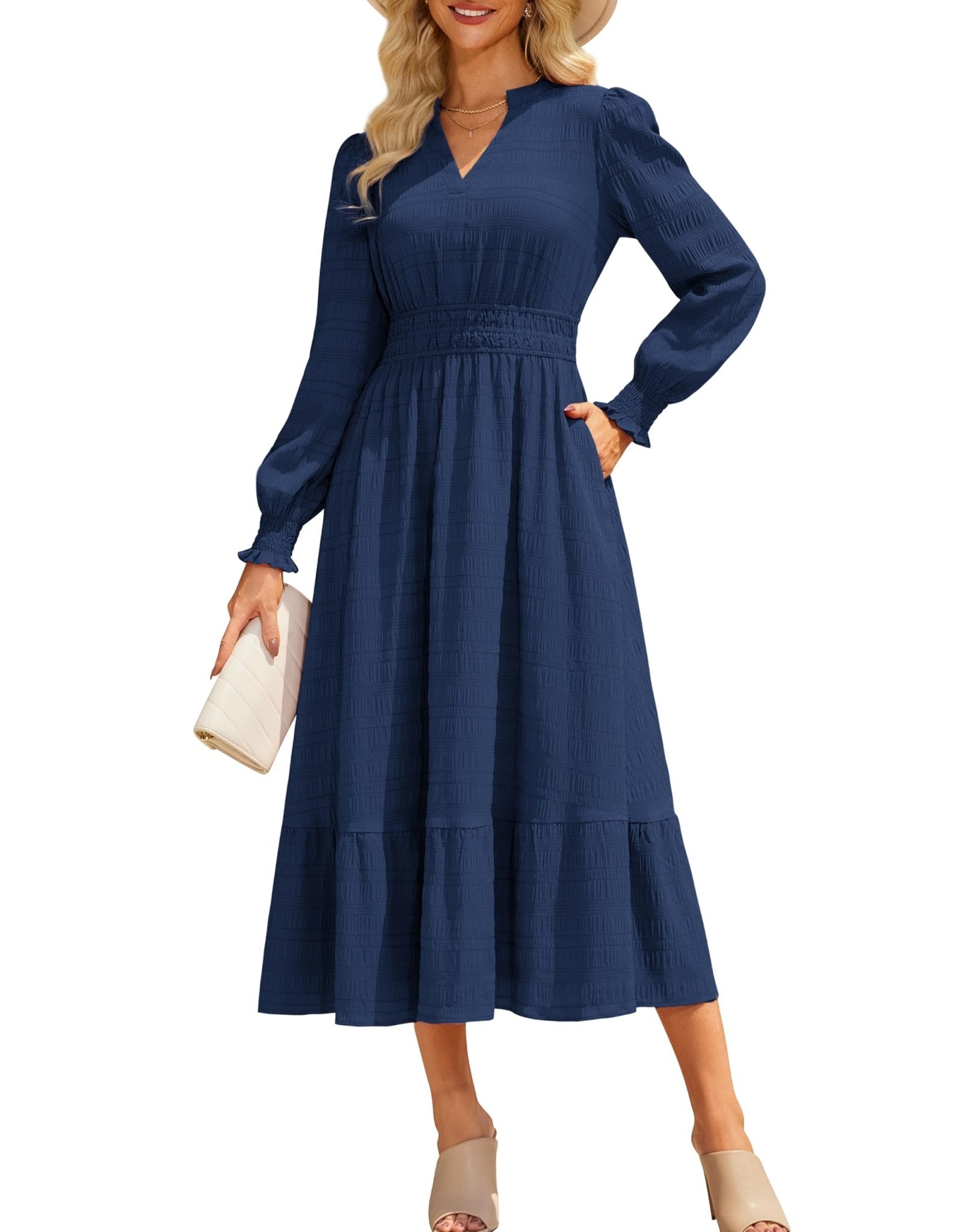 GRACE KARIN Women's Puff Long Sleeve V Neck Smocked Maxi Dress Tiered A-line Spring Fall Flowy Long Dress with Pockets